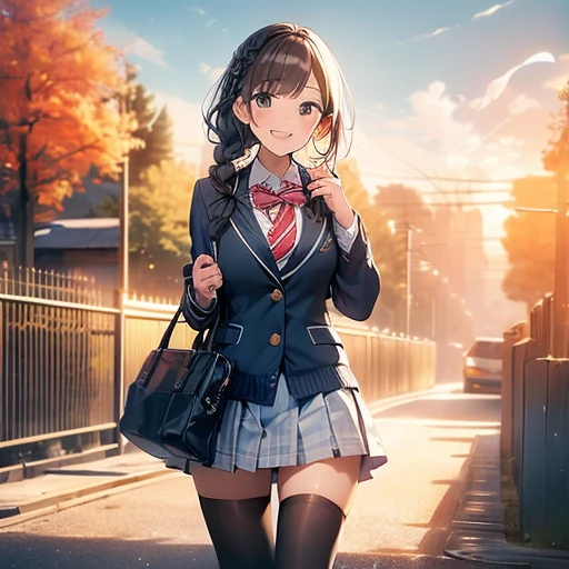 ((masterpiece,best quality)), highres, extremely detailed 8K wallpaper, ｂig boobs, cheerful, greeting, morning, smile, school uniform, blazer, cardigan, jacket, long sleeves, pleated skirt, white shirt, mini skirt, smiling face, tights, fascinator, braid, sunny, from front,　autumn, sunshine, autumn, morning, greeting, whole body