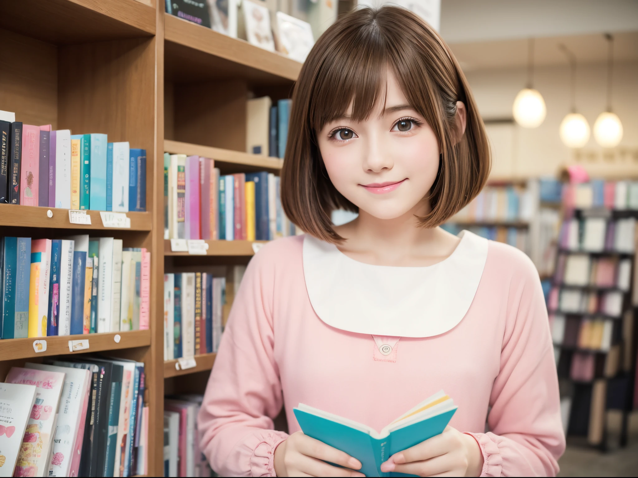 kawaiitech, plasttech, color pencil, pastel color, kawaii, cute colors, pink, synthetic, transparent, 1girl, pale skin, brown hair, glowing eyes, smile, closed mouth, bob cut, bookshop,plasttech,watercolor, vintage paper