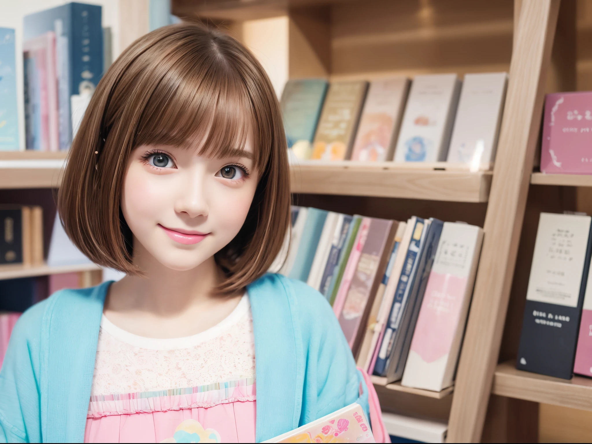 kawaiitech, plasttech, color pencil, pastel color, kawaii, cute colors, pink, synthetic, transparent, 1girl, pale skin, brown hair, glowing eyes, smile, closed mouth, bob cut, bookshop,plasttech,watercolor, vintage paper