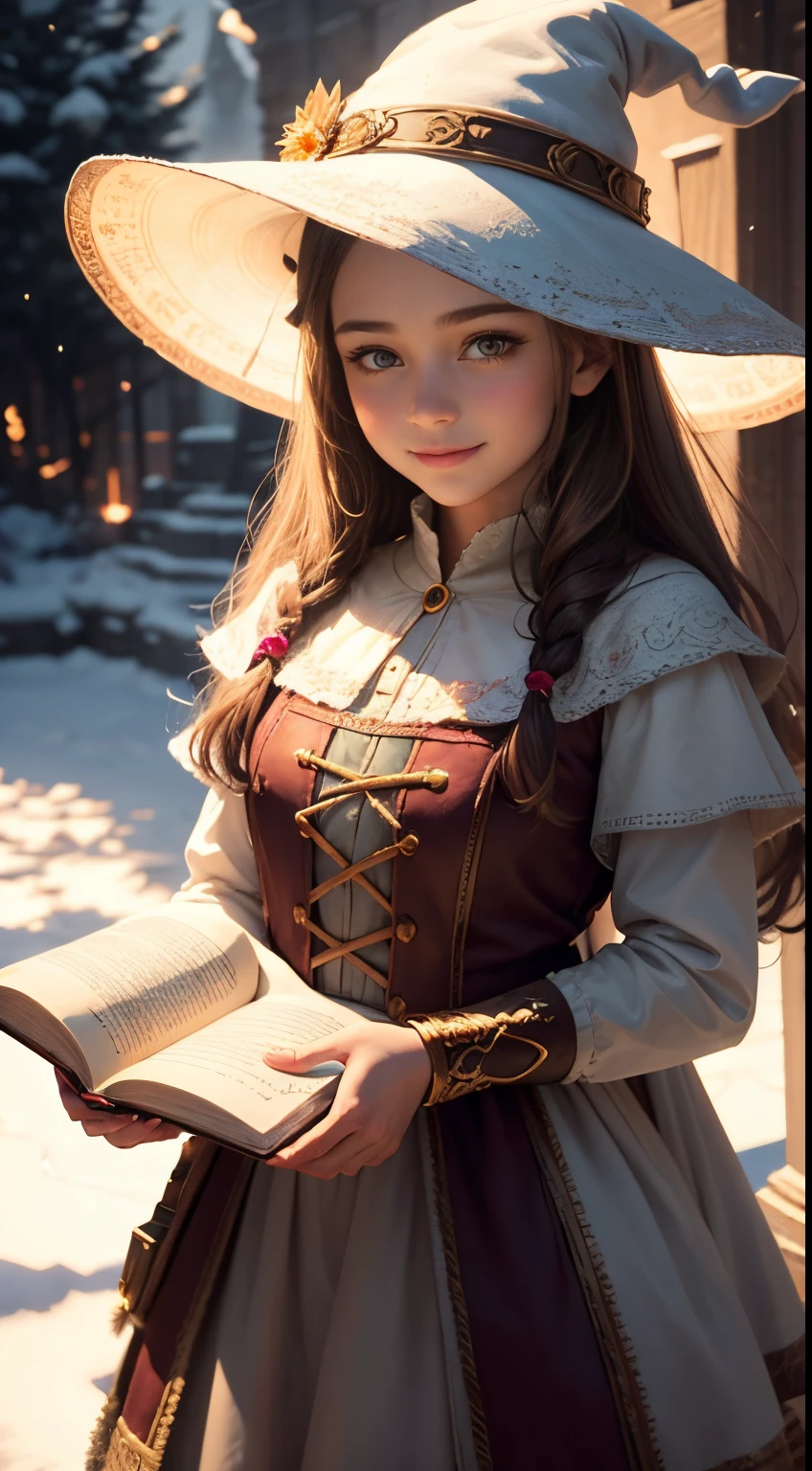 Beautiful Young Witch, Girl reading a huge ancient book, The girl smiles sweetly, His face is illuminated by the bright rays of the sun, The girl is dressed in a snow-white dress, witch's hat on the head, The perfect female face of the goddess, Деталь 8k, photo realistic style, sharp-focus, Professional lighting, colorful details, The painting is built according to the rule of the golden ratio, full-arm-gloves