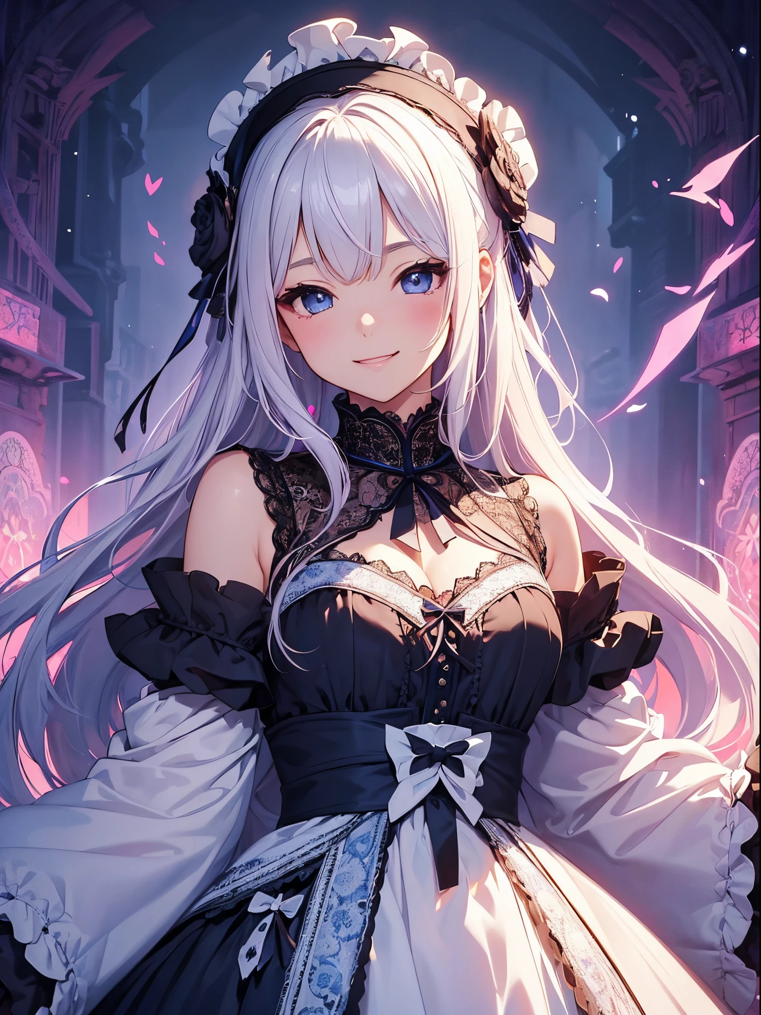 (masterpiece、top-quality、top-quality、Official art、Beautifully Aesthetic:1.2)、(1womanl)、ighly detailed、(Fractal Art:1.4)、highestdetailed、long wavy white hair、Blue eyes、rounded drooping eyes、very small chest 、Flat, Poor chest、Mature beautiful woman、the background is purple, Pink, and blue lace pattern....、The background is a heart design、Lolita fashion based on black、Ruffled headdress、Cute smile、Outstanding smile