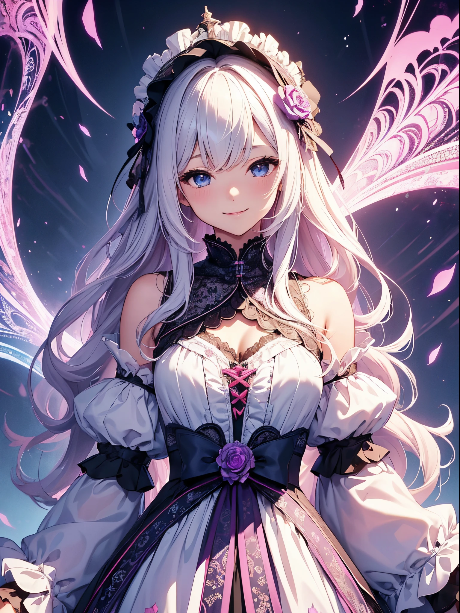 (masterpiece、top-quality、top-quality、Official art、Beautifully Aesthetic:1.2)、(1womanl)、ighly detailed、(Fractal Art:1.4)、highestdetailed、long wavy white hair、Blue eyes、rounded drooping eyes、very small chest 、Flat, Poor chest、Mature beautiful woman、the background is purple, Pink, and blue lace pattern....、The background is a heart design、Lolita fashion based on black、Ruffled headdress、Cute smile、Outstanding smile