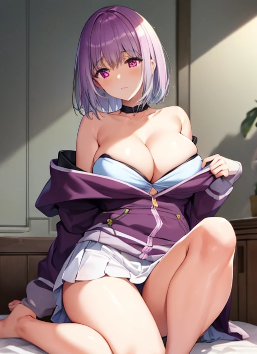 ((master piece)),akaneshinjou, shinjou akane, light purple hair, (pink eyes:1.2), short hair,
BREAK indoors, city,
BREAK looking at viewer, BREAK (masterpiece:1.2), best quality, high resolution, unity 8k wallpaper, (illustration:0.8), (beautiful detailed eyes:1.6), extremely detailed face, perfect lighting, extremely detailed CG, (perfect hands, perfect anatomy),(Rich picture, masterpiece quality) exquisite 8K CG artwork, goddess-like posture, kneeling movement, slim and soft, translucent beautiful skin, beautiful black hair, medium long hair and messy hair fusion aesthetic shape, fair and juicy skin, big breasts JK uniform, perspective part 1.2 times enhanced silhouette effect, pajamas delicate transparent blues pattern, complex and exquisite details, slightly blurred background, charming and lustful leg opening temptation, saliva gushing.