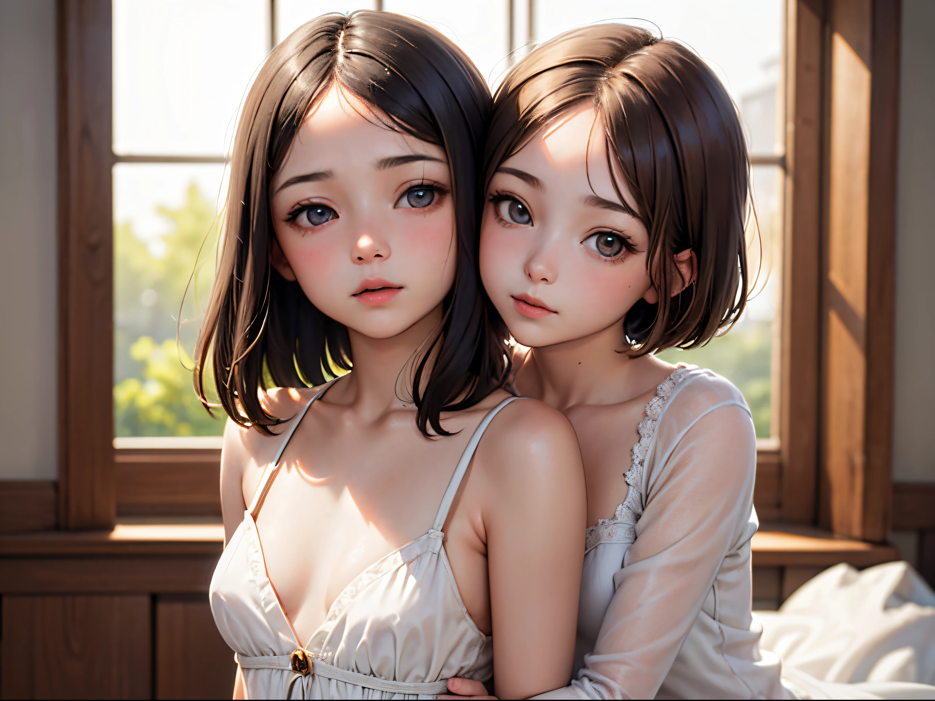 Lesbian couple,Summer knit with short hair and white, summer knit, Short hair, short hair with bangs, Cute face girl, Cute little face in portrait, French Bob, pale fair skin!!, short brown hair and large eyes, soft portrait shot 8 k, beautiful light big eyes, Beautiful young girl, Young girl in a bob cut, Top image quality, masutepiece, Notes of Leonardo da Vinci da Vinci, Set against the backdrop of Leonardo da Vinci's manuscripts,See-through gowns,Chest exposed,girl woman hug,time々barechested,Two people kissing.