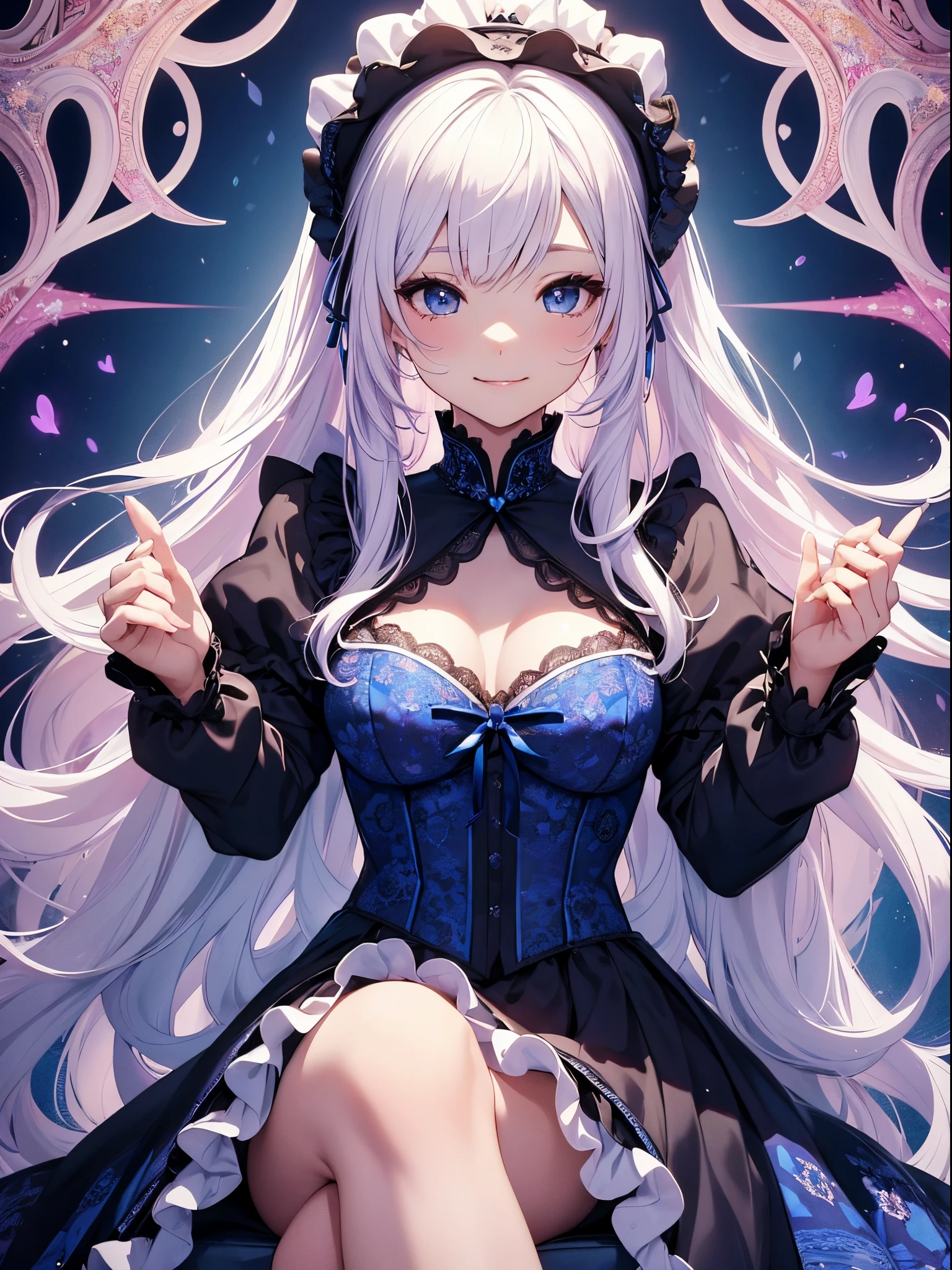 (​masterpiece、top-quality、top-quality、Official art、Beautifully Aesthetic:1.2)、(1womanl)、ighly detailed、(Fractal Art:1.4)、highestdetailed、long wavy white hair、Blue eyes、rounded drooping eyes、very small chest 、Flat, Poor chest、Mature beautiful woman、the background is purple, Pink, and blue lace pattern....、The background is a heart design、Lolita fashion based on black、Ruffled headdress、Cute smile、Outstanding smile