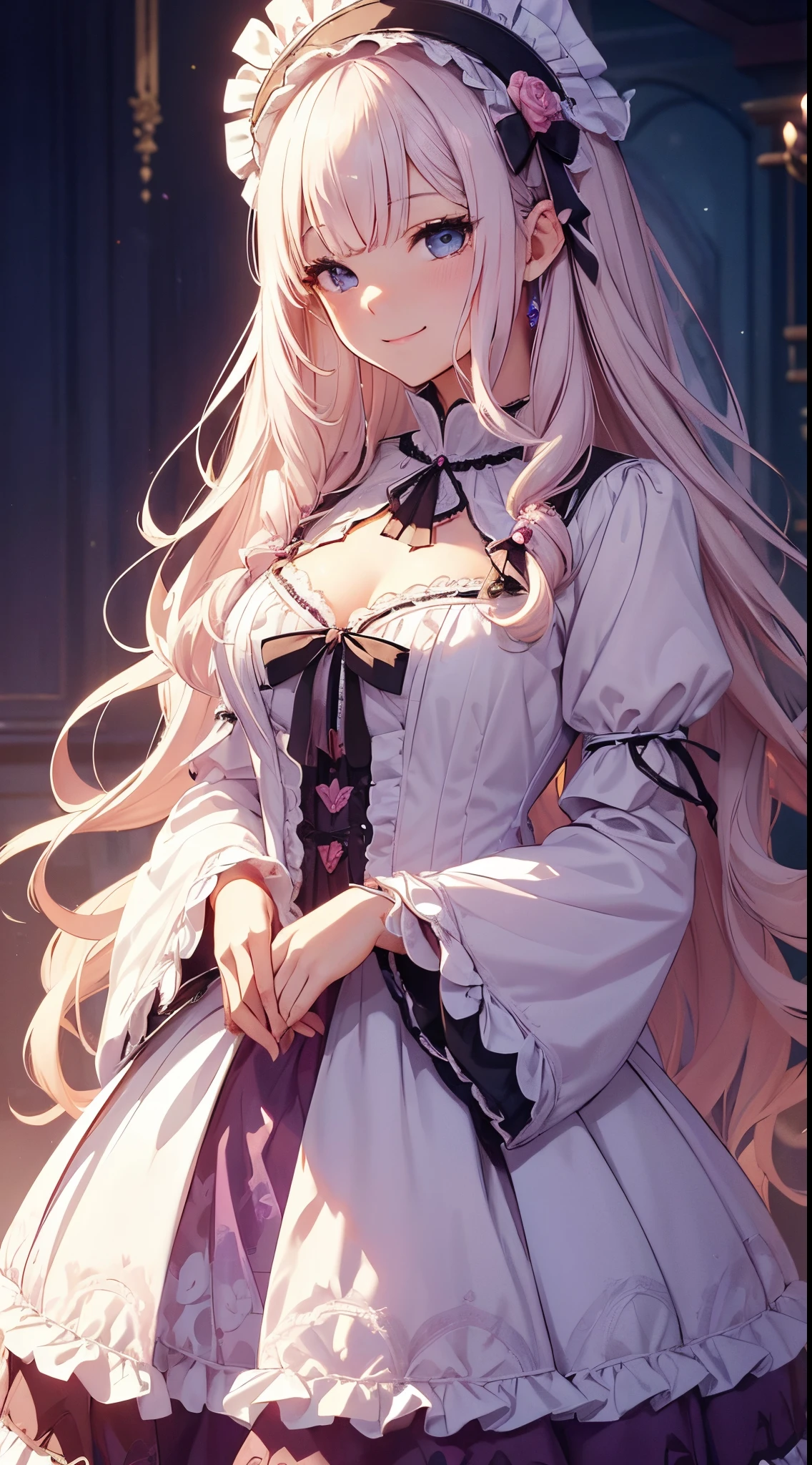 (​masterpiece、top-quality、top-quality、Official art、Beautifully Aesthetic:1.2)、(1womanl)、ighly detailed、(Fractal Art:1.4)、highestdetailed、long wavy white hair、Blue eyes、rounded drooping eyes、very small chest 、Flat, Poor chest、Mature beautiful woman、the background is purple, Blue, pink lace pattern....、The background is a heart design、Lolita fashion based on black、Ruffled headdress、Cute smile、Outstanding smile