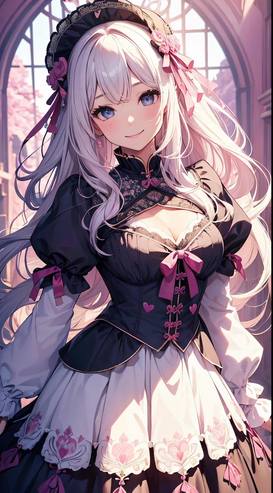 (masterpiece、top-quality、top-quality、Official art、Beautifully Aesthetic:1.2)、(1womanl)、ighly detailed、(Fractal Art:1.4)、highestdetailed、long wavy white hair、Blue eyes、rounded drooping eyes、very small chest 、Flat, Poor chest、Mature beautiful woman、The background is a purple, blue, and pink lace pattern....、The background is a heart design、ta fashion based on black、Ruffled headdress、Cute smile、Outstanding smile