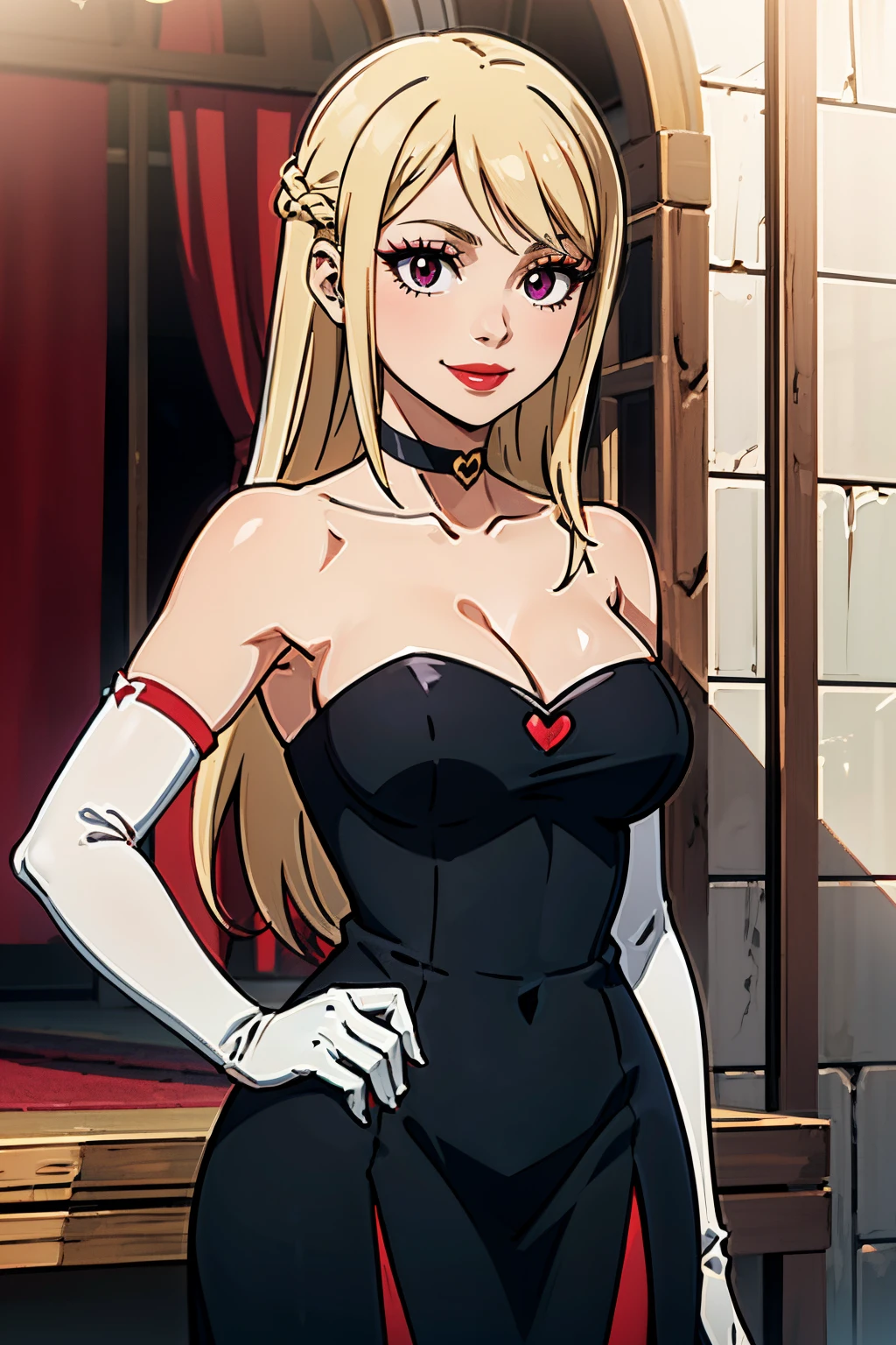 Lucy_Heartfilia, red dress, long dress, strapless dress, long white elbow gloves, smile, light red lipstick, dark purple eye shadow, makeup, black choker, cowboy shot, long hair, brown eyes, blonde hair