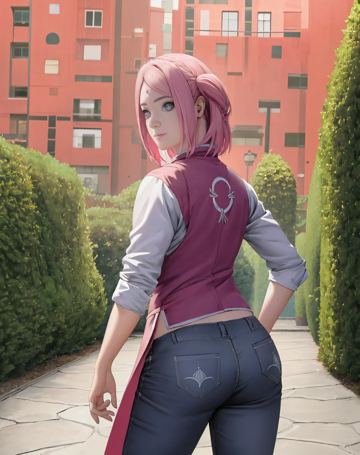 realista, fotorrealista,Disparo de vaquero,Obra maestra, absurdos ,(1girl:2), Haruno Sakura, Marca de la frente, Cinta roja para el cabello, vestido rojo sin mangas, , ombligo, ingle, brazalete, Mirando al espectador, They are smiling, Cerezo, Private garden, viento, cabello flotante, pecho grande ,(((caderas anchas))), cuerpo tonificado, ojos detallados, view from back, tratando de usar pantalones, Pulling pants, Hip outer pants