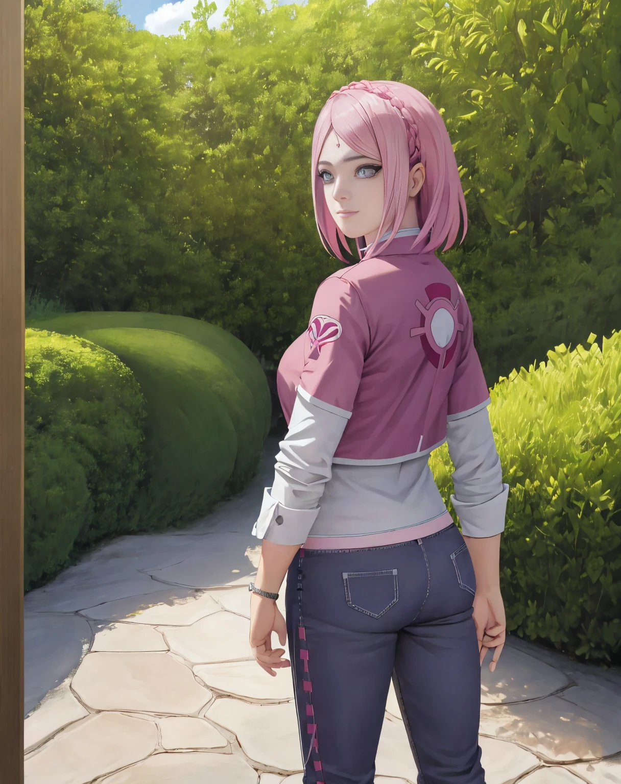 realista, fotorrealista,Disparo de vaquero,Obra maestra, absurdos ,(1girl:2), Haruno Sakura, Marca de la frente, Cinta roja para el cabello, vestido rojo sin mangas, , ombligo, ingle, brazalete, Mirando al espectador, They are smiling, Cerezo, Private garden, viento, cabello flotante, pecho grande ,(((caderas anchas))), cuerpo tonificado, ojos detallados, view from back, tratando de usar pantalones, Pulling pants, Hip outer pants