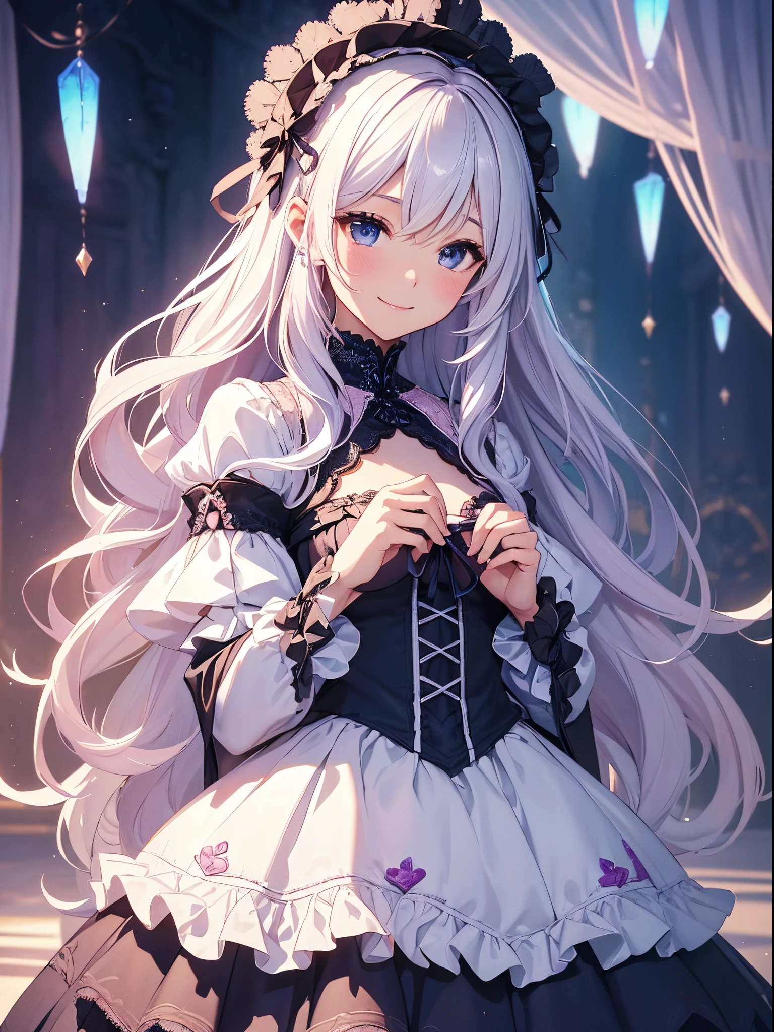 (masterpiece、top-quality、top-quality、Official art、Beautifully Aesthetic:1.2)、(1womanl)、(There is a little space at the top)、ighly detailed、(Fractal Art:1.4)、highestdetailed、long wavy white hair、White hair、Blue eyes、rounded drooping eyes、very small chest 、Flat,Flat, Flat and small breasts、No cleavage、Mature beautiful woman、The background is a bright purple wallpaper with a blue lace pattern....、Designed with pink hearts.......、ta fashion based on black, with white、Ruffled headdress、Cute smile、Outstanding smile