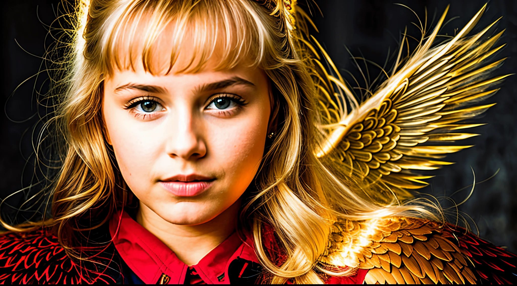 A half body, portrait of 3 girls German children long blonde hair GIANT , red leather jackets, holding in their hands a cross, bottom of chains, chain, more chains, many chains, , red, red fire, many background flames. A FEW CANDLES LIT,