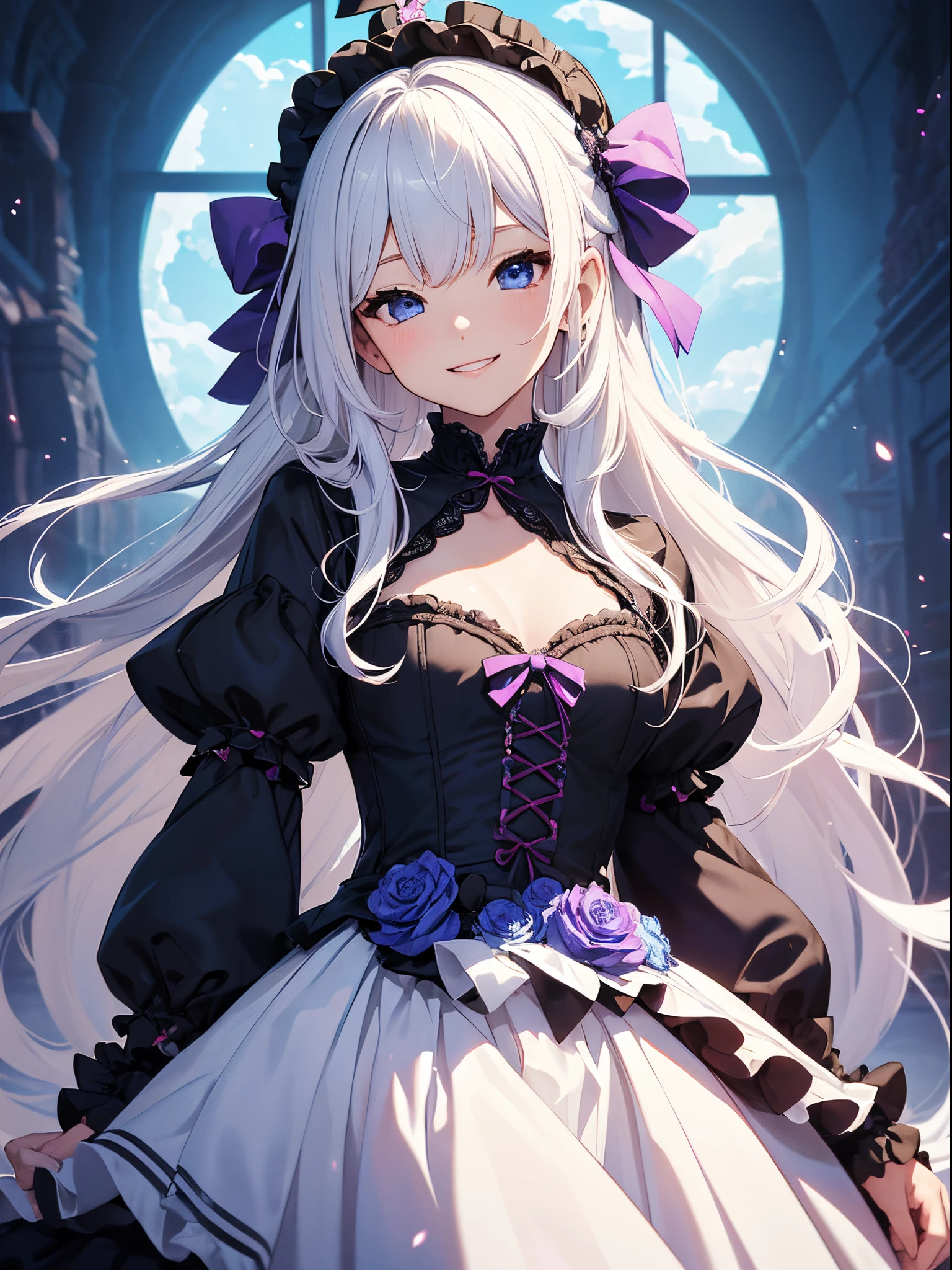 (masterpiece、top-quality、top-quality、Official art、Beautifully Aesthetic:1.2)、(1womanl)、ighly detailed、(Fractal Art:1.4)、highestdetailed、long wavy white hair、Blue eyes、rounded drooping eyes、very small chest 、Flat, Poor chest、Mature beautiful woman、The background is a purple and blue lace pattern...、The background is a heart design、Lolita fashion based on black、Ruffled headdress、Cute smile、Outstanding smile