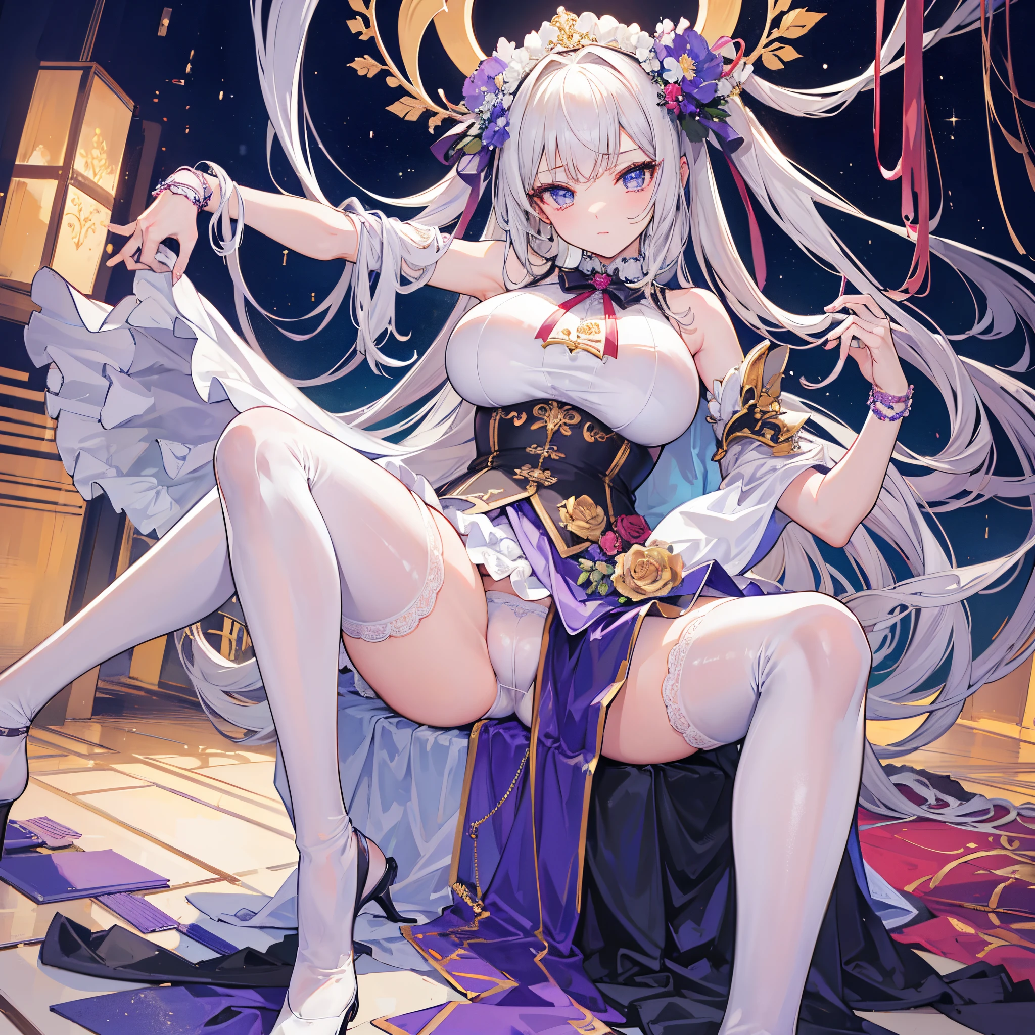The beautiful, tmasterpiece, Best quality at best, Extremely detailed face, perfect litthing, 1个Giant Breast Girl, Alone, Giovanna MS, ,sitted, spread their legs,Lift up skirt white panties