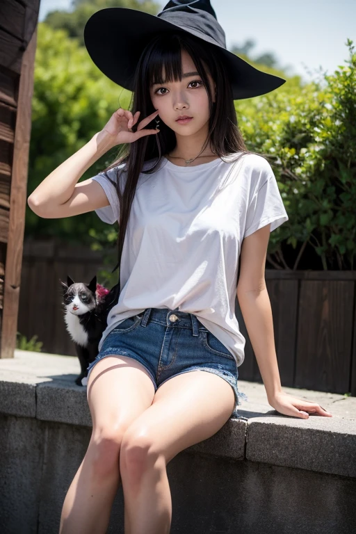 Eldy_\(spring witch 3\),masutepiece,1girl in,Red ruby eyes,Wearing a plain white shirt, Denim shorts, Holding a cat,city,absurderes,hight resolution, ultrasharp, 8K, masutepiece, Looking at Viewer