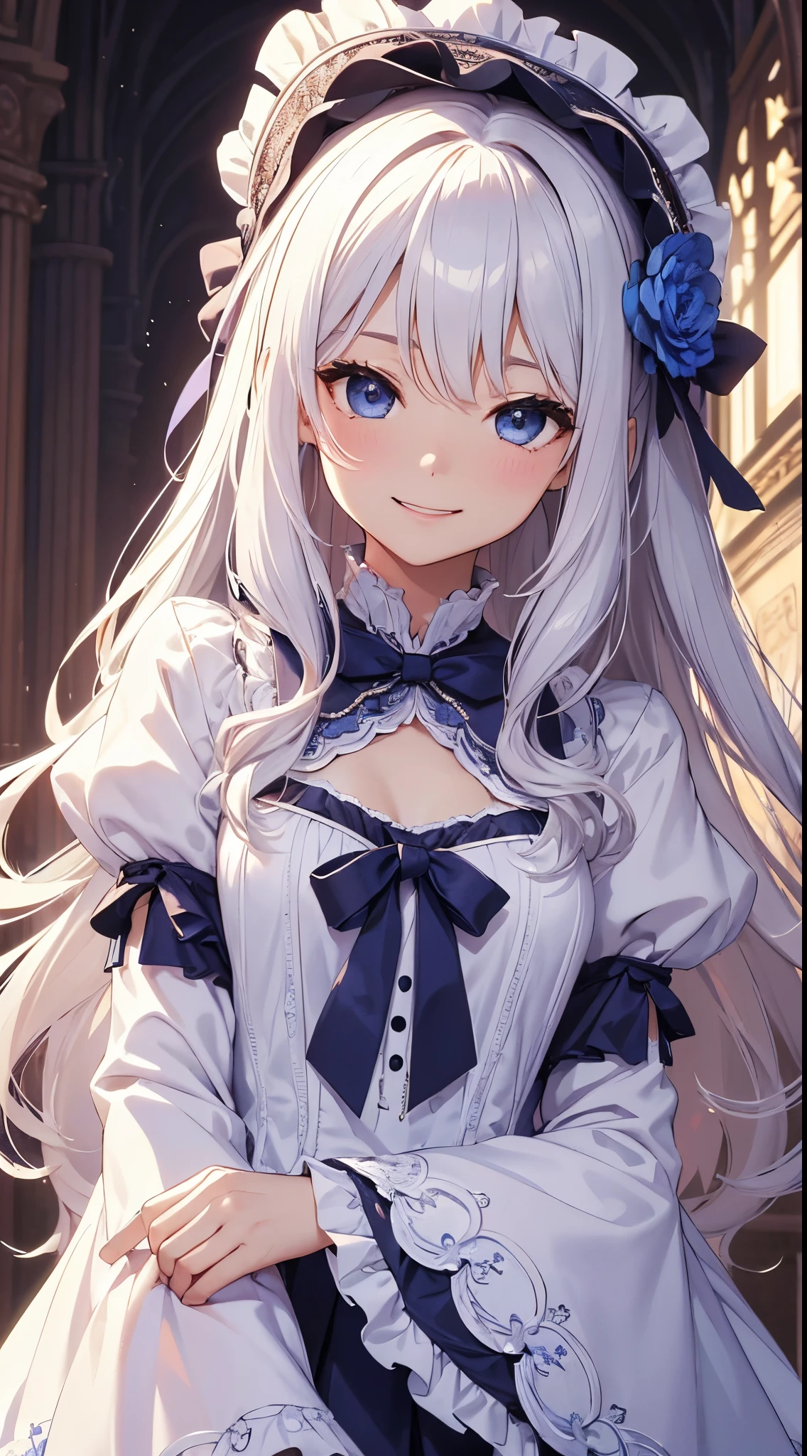 (masterpiece、top-quality、top-quality、Official art、Beautifully Aesthetic:1.2)、(1womanl)、ighly detailed、(Fractal Art:1.4)、highestdetailed、long wavy white hair、Blue eyes、rounded drooping eyes、very small chest 、Flat, Poor chest、Mature beautiful woman、The background is a purple and blue lace pattern...、ta fashion based on black、Ruffled headdress、Cute smile、Outstanding smile