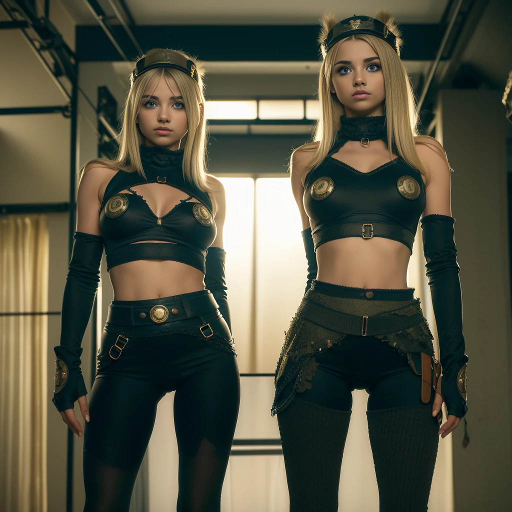 Two Ukrainian girls , Looking out at viewer, Ukrainian girls , Full body composition of young girl with messy bright blonde hair, eye make up, ,  Soft lighting, Solo, Old torn dirty shabby futuristic military uniform, badges, Pose, Blotch color, Octane Render, Hyperrealistic intricate detail, Cinematic, 8K resolution, 70mm, Accent Lighting, Global Illumination, Full body portrait, ,Don't look at the camera,clean detailed faces, intricate clothing, flat chest, Slim waist, Slim legs, small hips,Ordinary soldier clothes,Wearing a helmet,Holding a gun,Looking at each other, old worn torn clothes, short tops exposing underside of breast, crop tops,