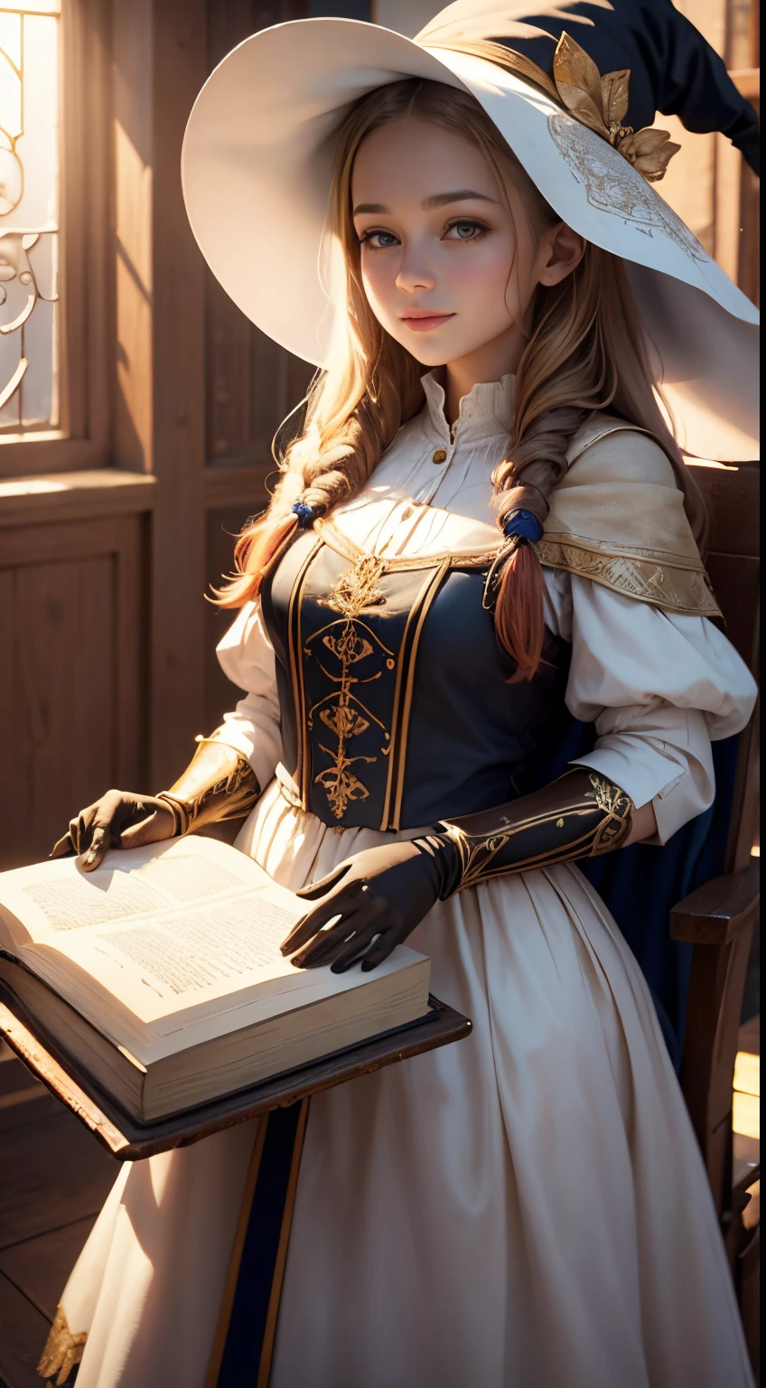 Beautiful Young Witch, The girl is dressed in a snow-white dress, Girl reading a huge ancient book, The girl smiles sweetly, His face is illuminated by the bright rays of the sun, witch's hat on the head, The perfect female face of the goddess, Деталь 8k, photo realistic style, sharp-focus, Professional lighting, colorful details, The painting is built according to the rule of the golden ratio, full-arm-gloves