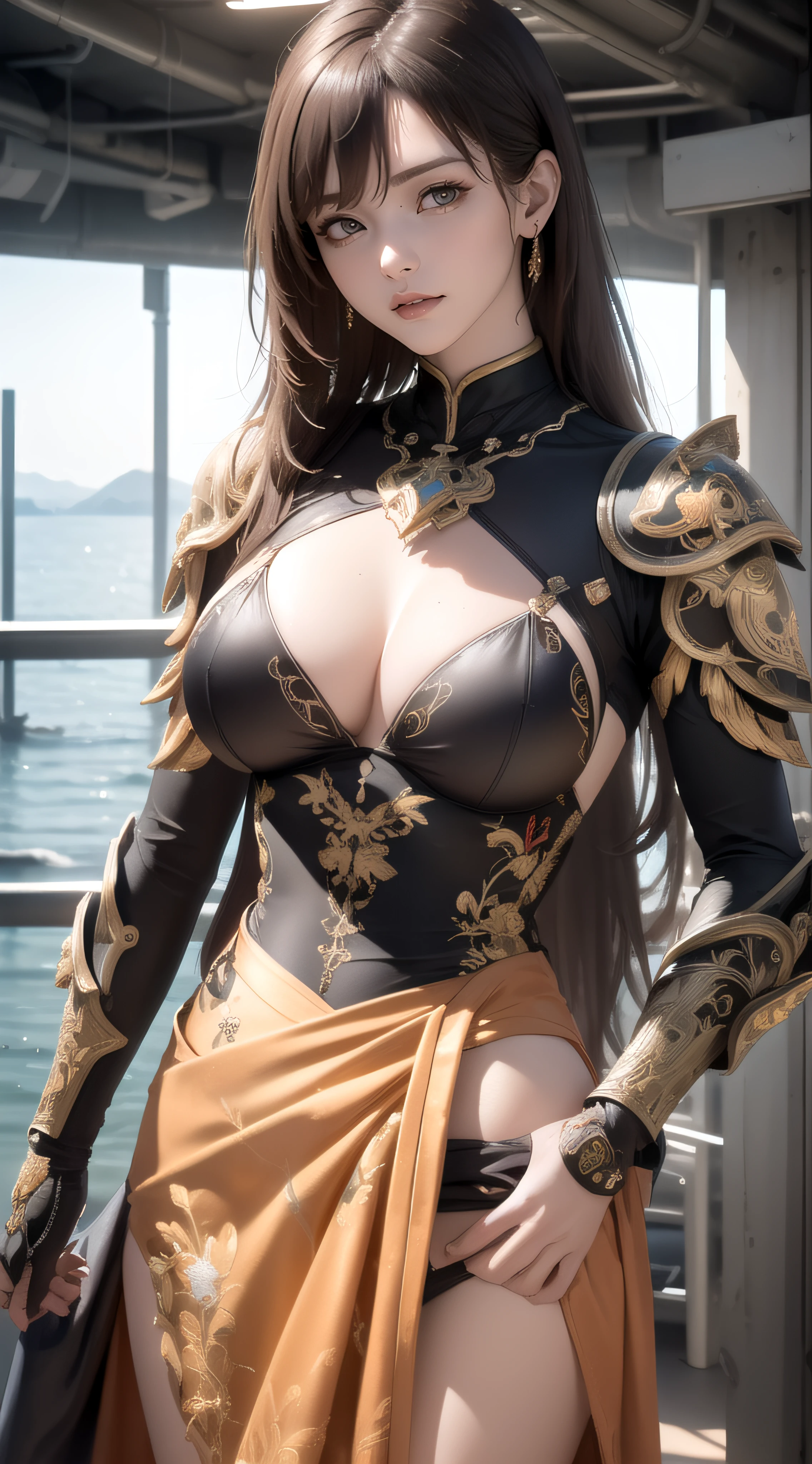 1girl,(ultra detailed skin),curvy,petite,beautiful breasts,large breasts,pale skin,pointy breasts,erect nipples,(fantasy art,Highest image quality,Hyperrealist portrait,(8k),ultra-realistic,best quality, high quality, high definition, high quality texture,high detail,beautiful detailed,fine detailed,extremely detailed cg,detailed texture,a realistic representation of the face,masterpiece,Sense of presence,Dynamic,bold),ponytail,(thin hair),(soft hair),(straight hair:1.5),Swept long bangs,extra light coppery amber hair,hair over one eye,((clothed:1.5),leather boots,leather gauntlet,(futuristic armor:1.5),(embroidered dress:1.5),(long silk sarong:1.5))),(seaside:1.5)