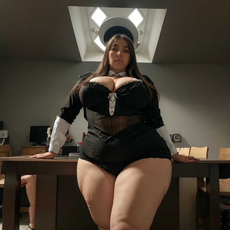 Meisterwerk, best quality, ultra-detailliert, Weibliche Chefin, Frau CEO, very lush, Extremely wide hips, riesiger, seios enormes. Bluse mit hohem Kragen, Bleistiftrock. Stands over a little man, drohend, bedeuten, dominierend