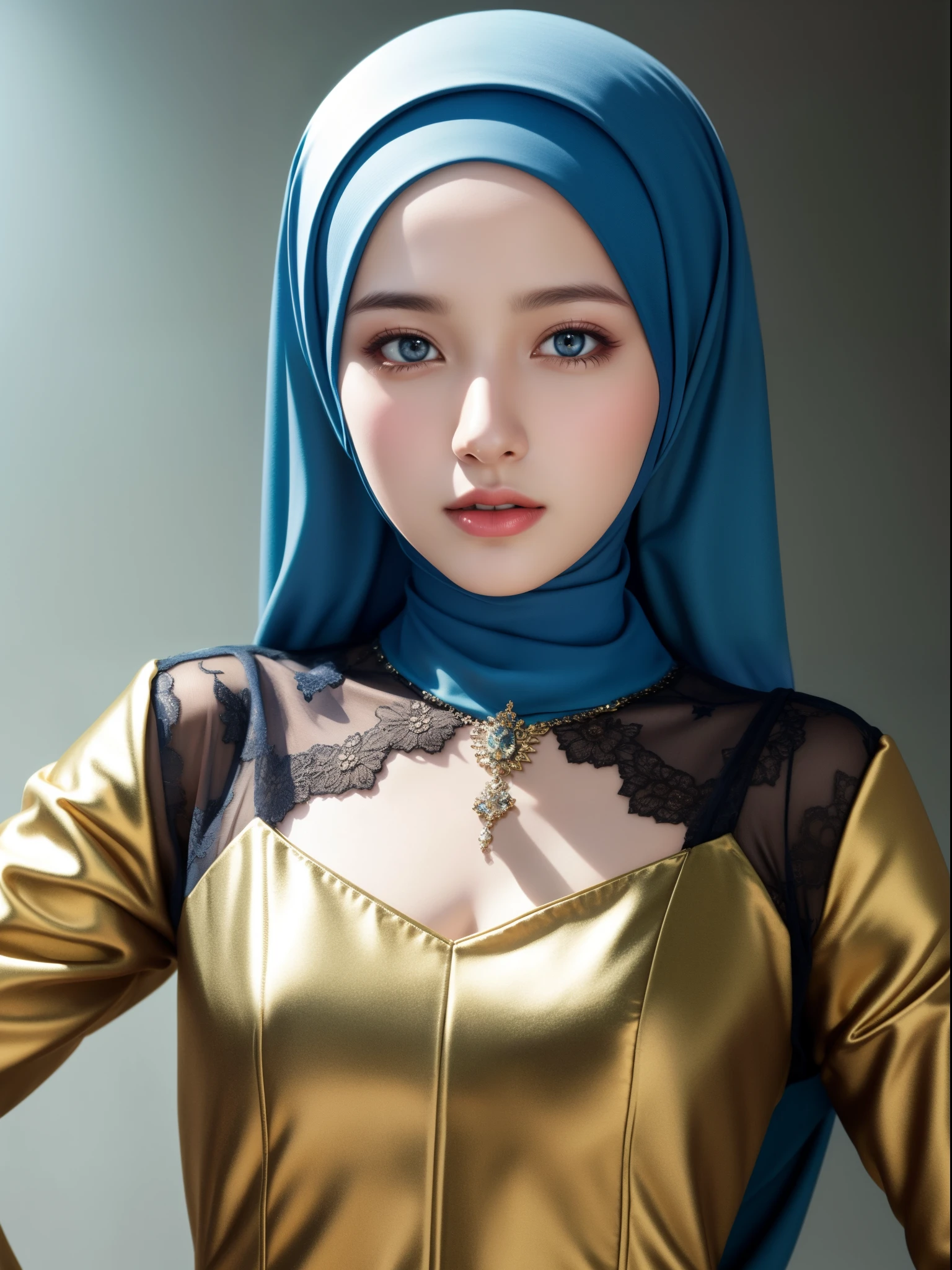 best quality, masterpiece, highres, (moslem female dress:1.4), necklace, Beautiful face, (upon body from head to waist:1.37), tyndall effect, photorealistic, dark studio, rim lighting, two tone lighting, 8k uhd, dslr, soft lighting, high quality, volumetric lighting, candid, Photograph, high resolution, 4k, 8k, Bokeh, (hyperrealistic girl), (illustration), (high resolution), (extremely detailed), (best illustration), (beautiful detailed eyes), (best quality), (ultra-detailed), (masterpiece), (wallpaper), (photorealistic), (natural light), (rim lighting), (detailed face), (high detailed realistic skin texture), (anatomically correct), (solo), (1 girl), (heterochromic eyes), (detailed eyes), (sparkling eyes), (long legs), (dynamic pose), (concentrated expression), (wearing hijab:1.4), (moslem headscarf:1.37), reading glasses.