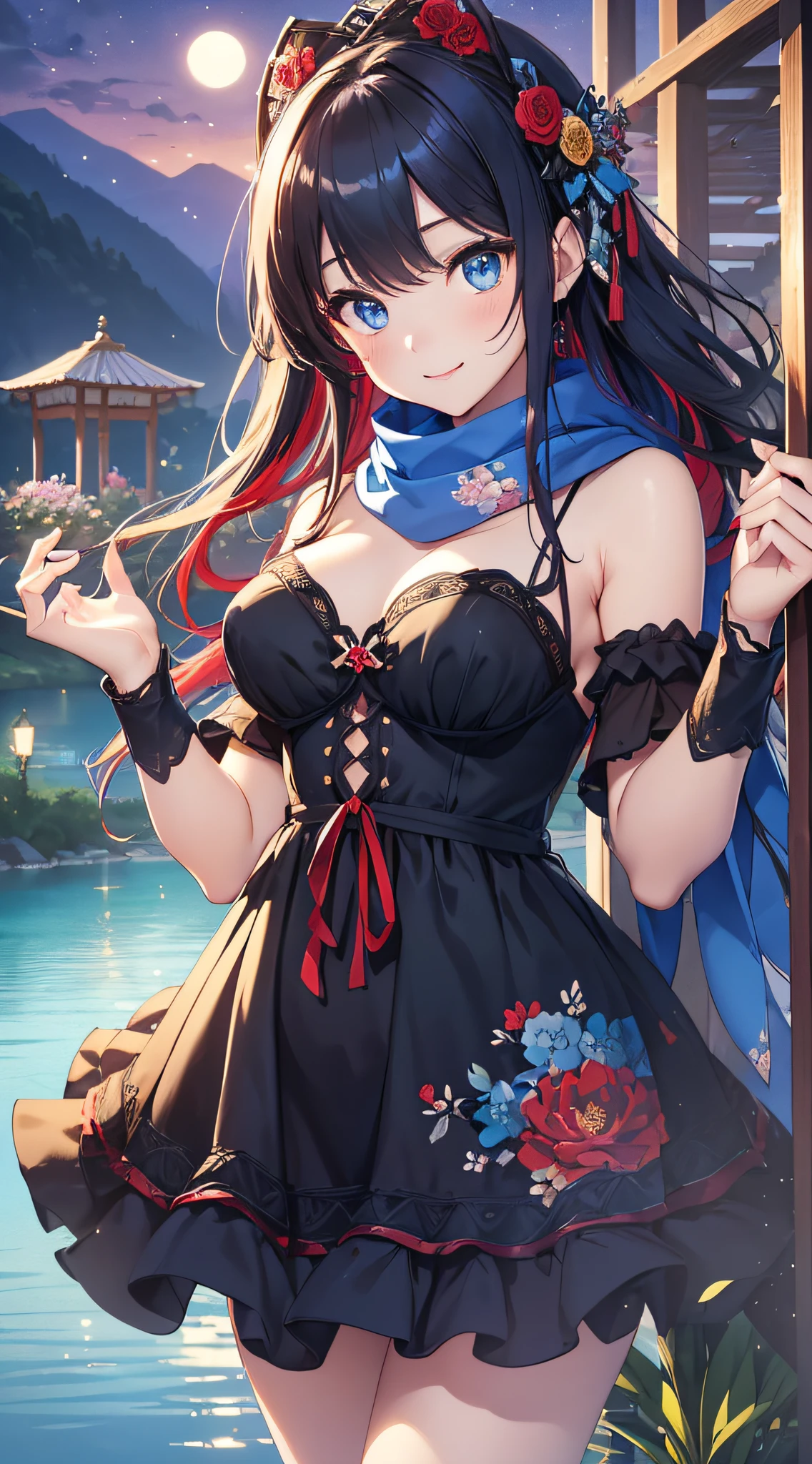 top-quality、Top image quality、masterpiece、girl with((、teen ager、cute lit Bust、big bast,Beautiful blue eyes、Breasts wide open, A dark-haired、red hairs、Longhaire、A slender,Large valleys、,Black floral dress、A smile、blue scarf、Black wristband、dance)),hiquality、Beautiful Art、Background with((Lake at night、Beautiful lake、Farbe)))、,masutepiece、depth of fields,Cinematic style