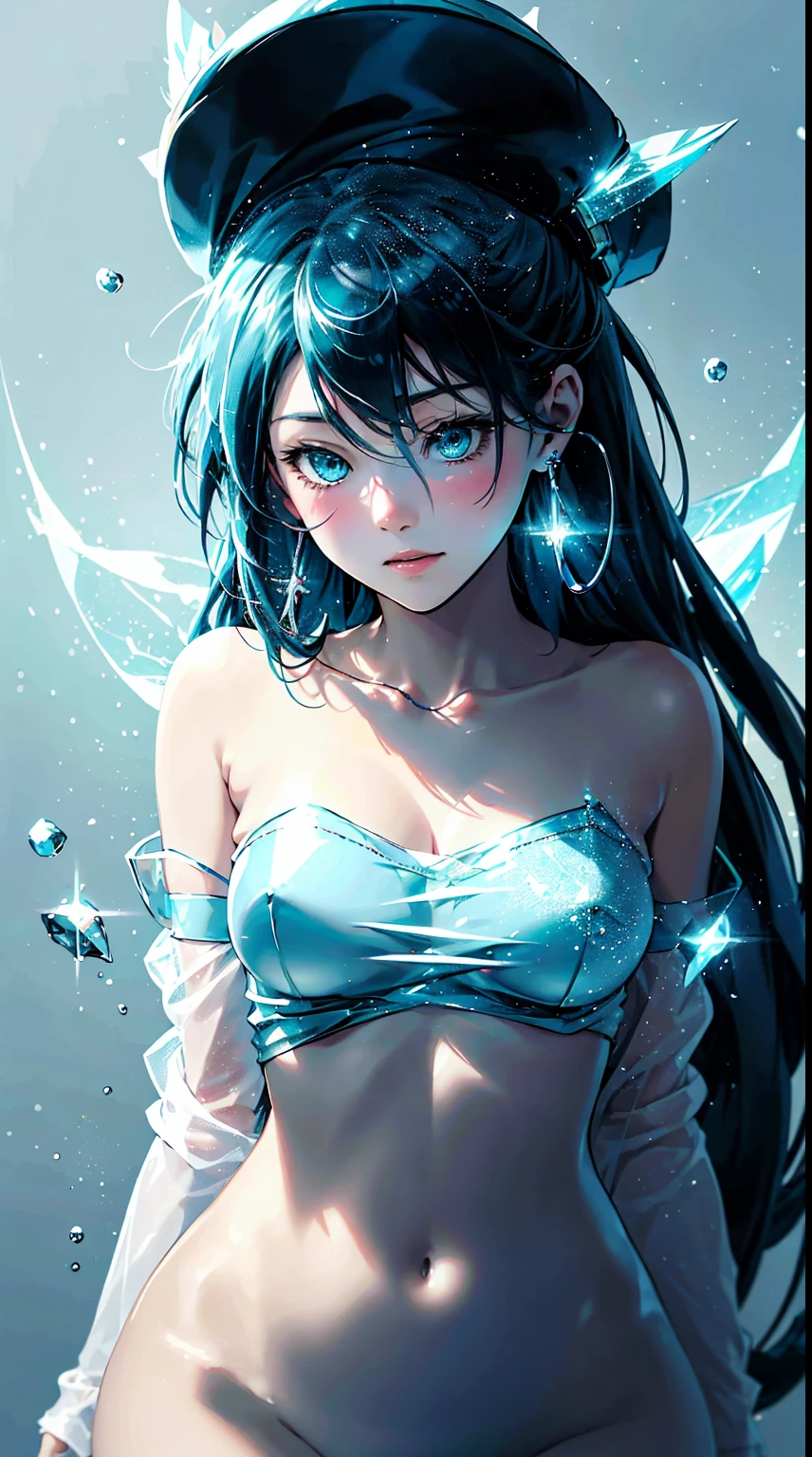 skistyle, miku hatsune, masterpiece, best quality, 1girl, blush, aqua eyes, cap, closed mouth, earrings, hat, hoop earrings, jewelry, looking at viewer, shirt, simple background, solo, upper body, yellow shirtHD lighting and dark )<=(epic image quality)dark atmosphere with bright particle light(many effects in background)