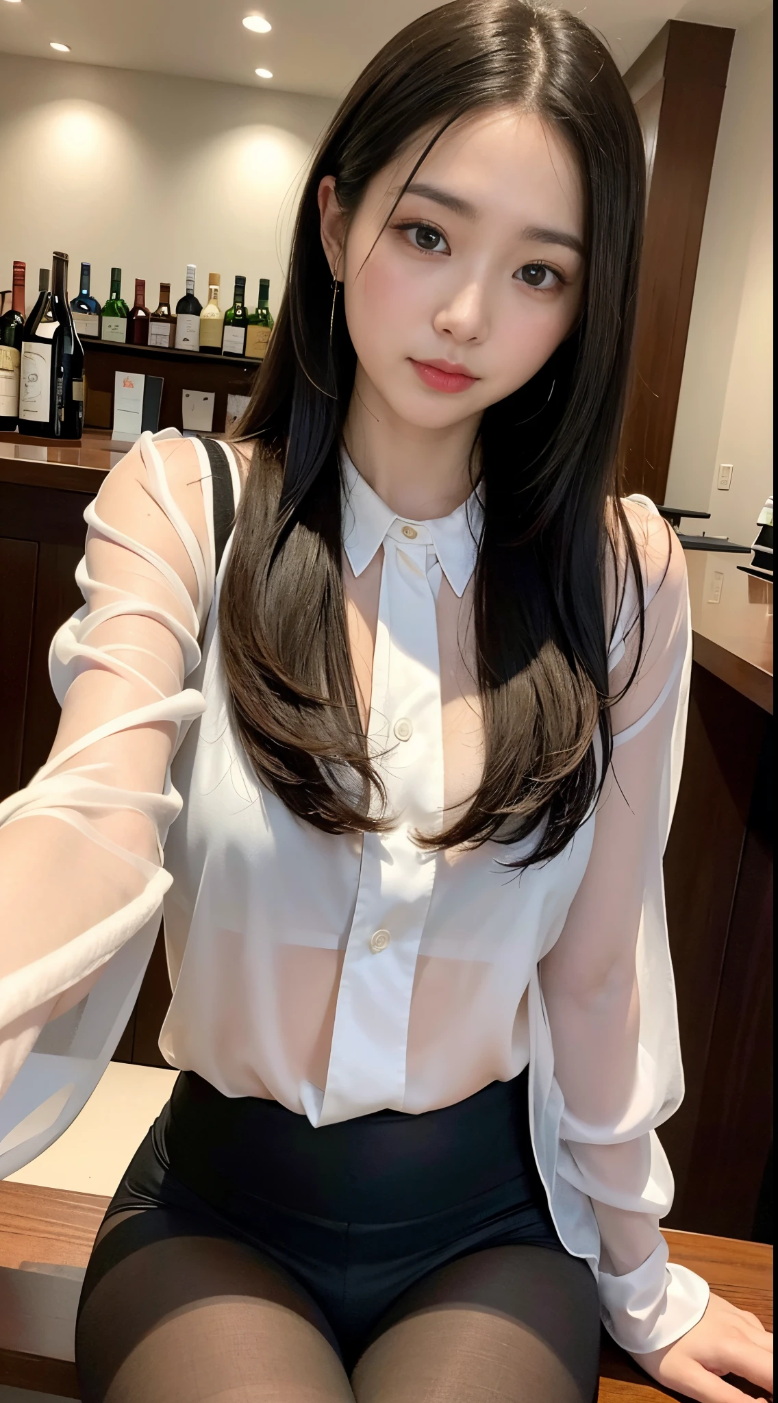 ulzzang -6500-v1.1, (Raw photo:1.2), (Photorealsitic), (See-through:1.3), (Real:1.4), upper class bewitching woman、１femele、luxury silk blouse:1.2, (Ultra-realistic pantyhose:1.2), No skirt、small luxury lace panties、Pantyhose Focus、Sit at the bar counter、Cross your legs、Inviting look、
