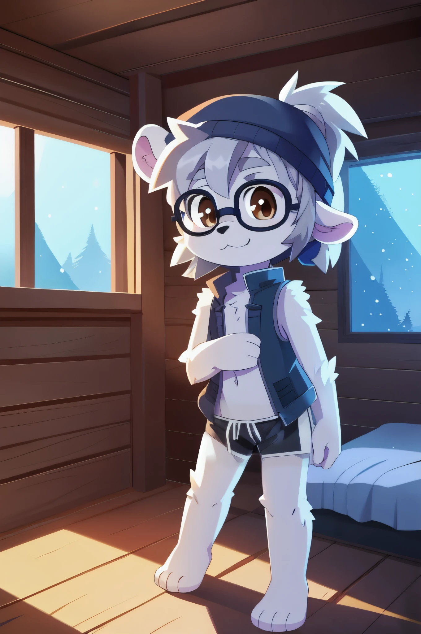 Furry shota, young, polar bear, grey hair, spiky hair, detailed body fur, brown eyes, ((winter blue vest, open clothes, nude torso, dark blue wool cap, glasses)), masterpiece, looking at you, white body fur, detailed face, short boy, big eyebrows, detailed eyes, detailed body, inside cabin, detailed hands, flat body, glistering body, shiny body, spectacular effects, perfect lighting, perfect shadows, perfect eyes, perfect hair, perfect face, gorgeous body, detailed background, best quality, ultra detail, good lighting, aeghao, tongue out, lusty expression, bear penis, down angle, penis focus,