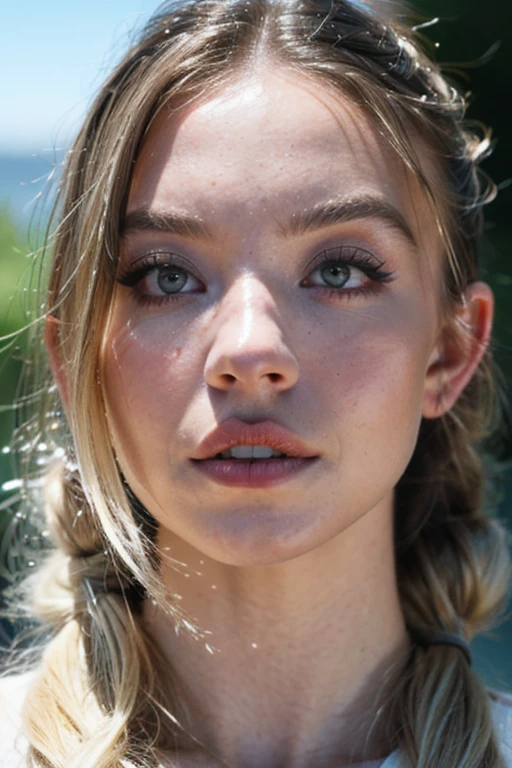 sydney sweeney (8k, 4k, best quality, highres, ultra high res:1.1), (masterpiece, realistic, photo-realistic:1.1), 1girl, face, close-up, twintails, blonde hair, black eyes, red lips, (looking at viewer:2), absurdly long hair, long eyelashes, eyeshadow, small face, big eyes, bare shoulders, high contrast,