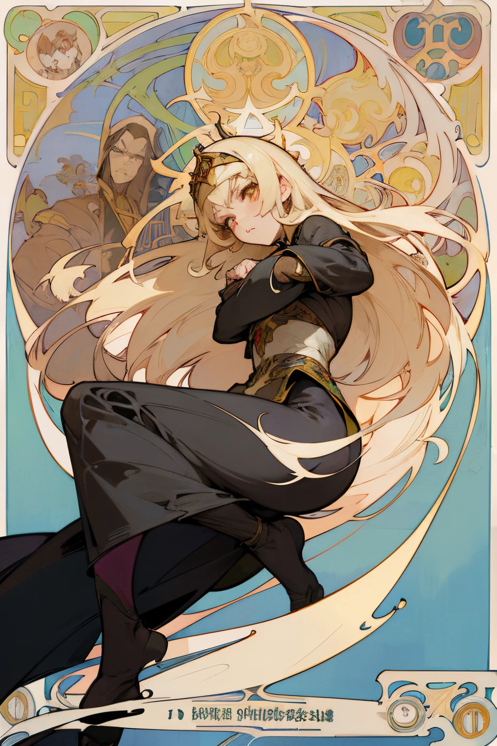 anime art nouveau, alphonse mucha and rossdraws, alphonse mucha style, nouveau anime, flat shading mucha, in style of alphonse mucha, demura and alphonse mucha, nouveau art, the nun, blood, machete, sexy, dark, blonde, grumpy, tight black dress, white long socks