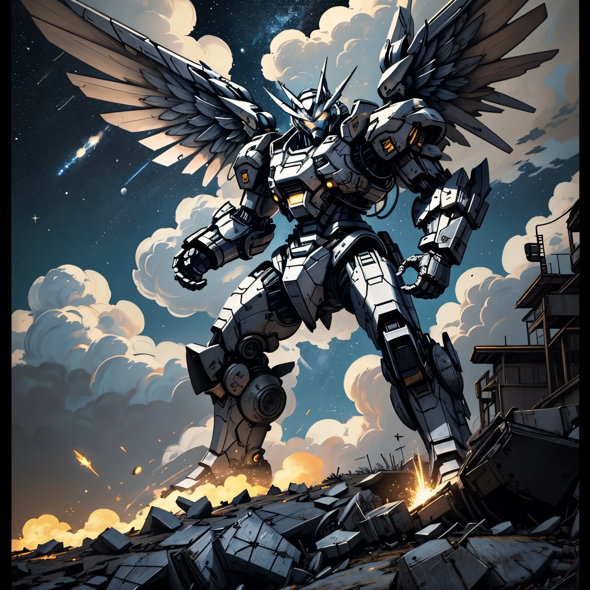 (masterpiece, best quality:1.3), wallpaper, cinematic lighting, sky, cloud, glowing, armor, building, glowing eyes, mecha, science fiction, space, realistic, mecha, wings