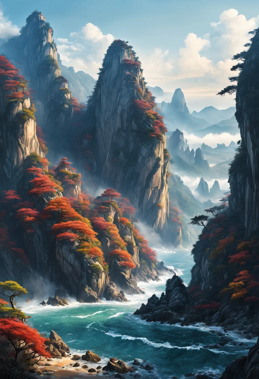 This land is powerful,Like suppressing the vast ocean,Full of majesty and solemnity。When the tide surges,Fishes like mountains of silver swam into the cave one after another,And this sea area shows a mighty posture.,Waves rolling like snow waves,Mirage looms in the abyss。 There are towering mountains and rivers here,Like the boundary where water and fire meet,The land gradually rises and accumulates,Forming a unique and proud mountain top in the East China Sea。The mountain is covered with strangely shaped boulders,There are also strange-shaped peaks on the steep mountain walls.。On the cliff,Colorful phoenixes both chirp,In front of the wall, there is a majestic unicorn standing alone.。