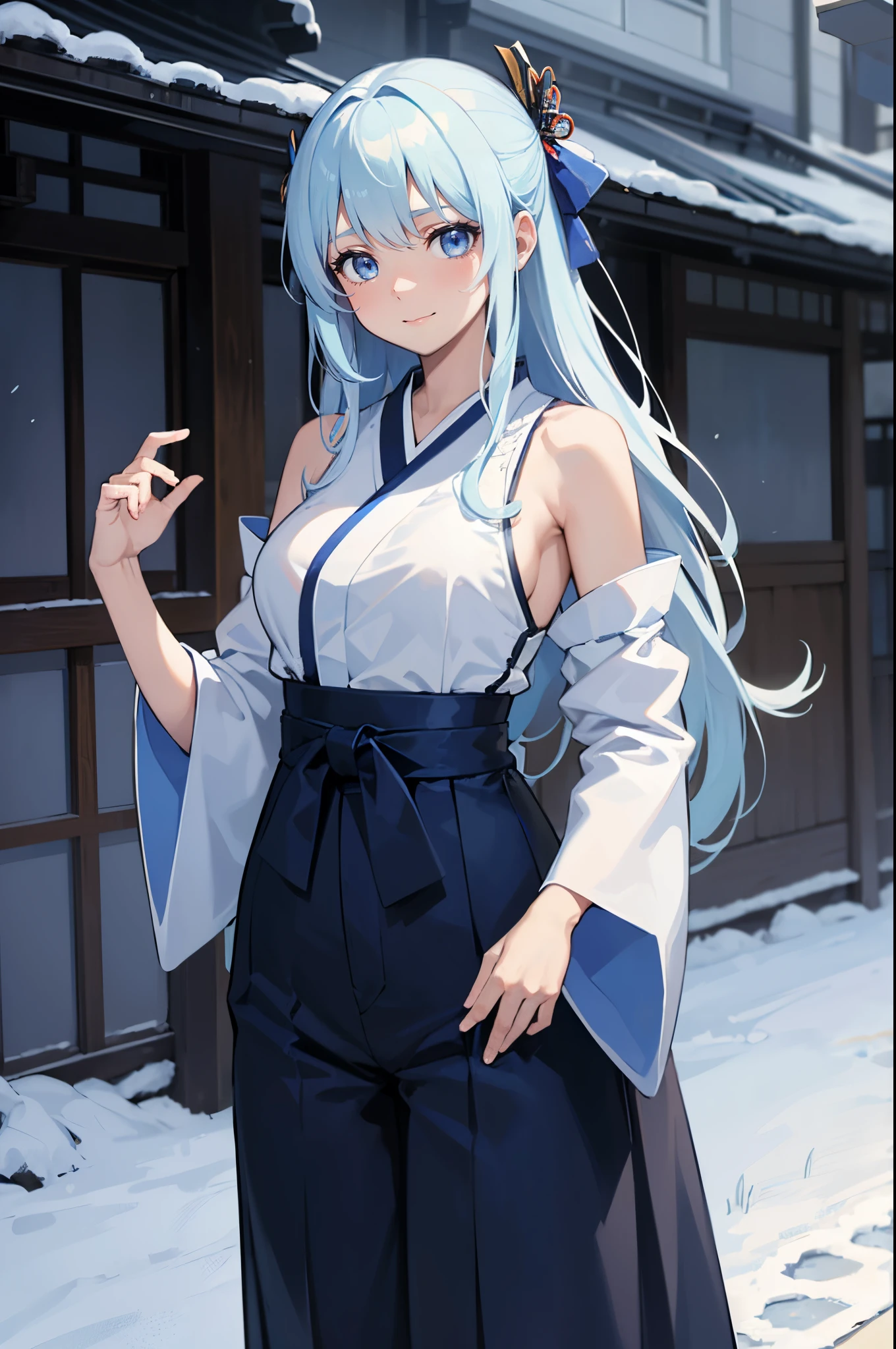 Safe for work, masterpiece, best quality, solo, 1 girl, wholesome girl, (young female body:1.4), ( medium breasts), cowboy shot, light blue hair, long light blue straight hair, almost white hair, extra long hair, blue eyes, piercing blue eyes, expressionless, suprised, outdoors, snowing forest,snow, japanese tradiotional hakama, blue hakama pants