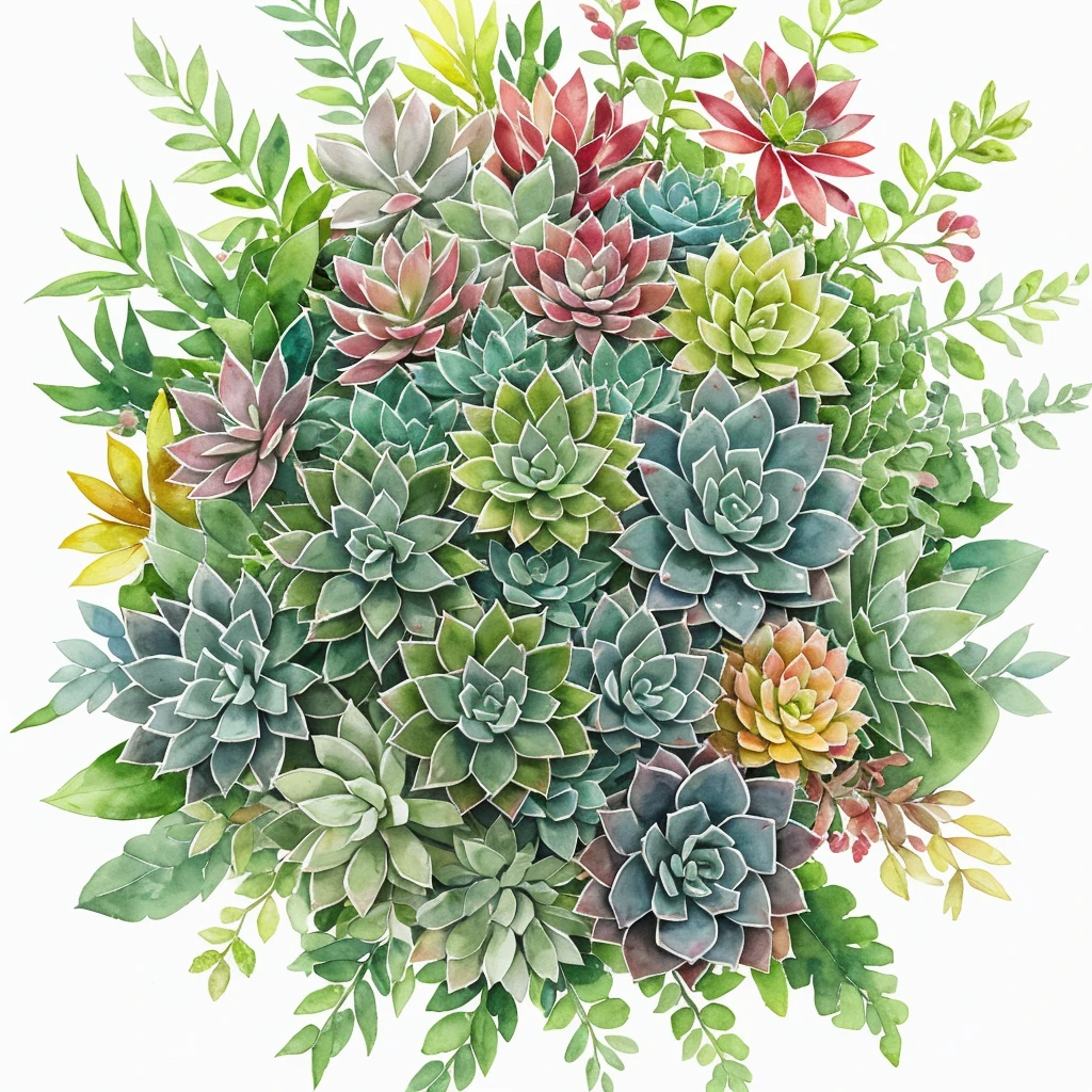 A bouquet of flowers with leaves and flowers, botanical watercolors, Flowers and leaves, a plant, botanical art,, Decorative succulents, a plant, some succulents, botanical art, The director is: Martina Krupikova, Inspired by Martina Krupikova, Watercolor illustration, watercolour painting style, 2 5 6 x 2 5 6
