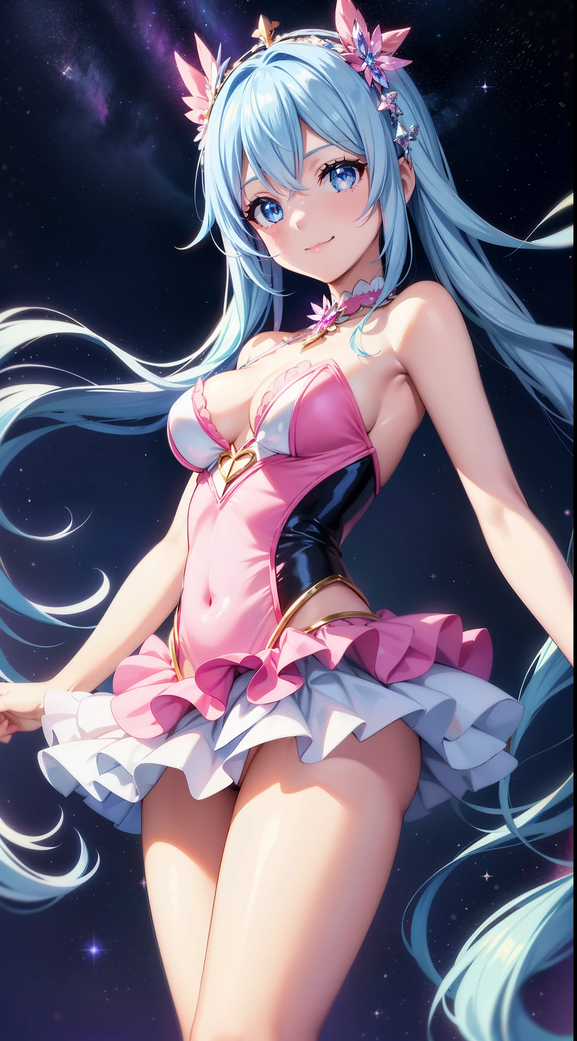 Super Idol　A sparkling beautiful girl　A charming smile　sky blue hair　length hair　Twin-tailed　Sparkly pink and white leotard　facing front　Mystical　Fantasia　constellation　a moon　Crystal Brilliance　Aurora Borealis in the Night Sky