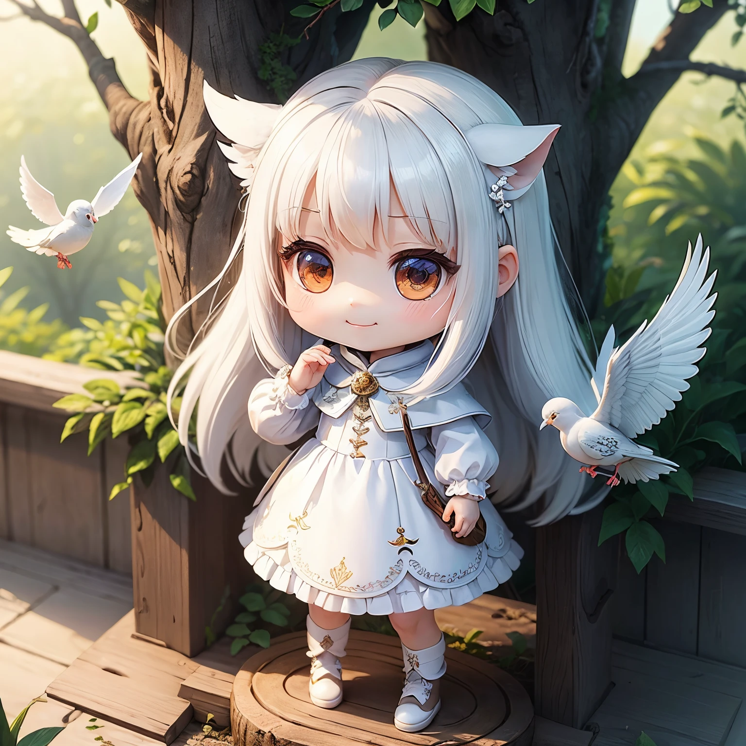 masterpiece、top-quality、ultra-detailliert、(Chibi Chara's Daughter:1.27)、white longhair、A white dove landed on my head、White Wraith、fairy tale midwinter forest、A smile、Standing、The dove is holding a laurel branch in its mouth、🕊️