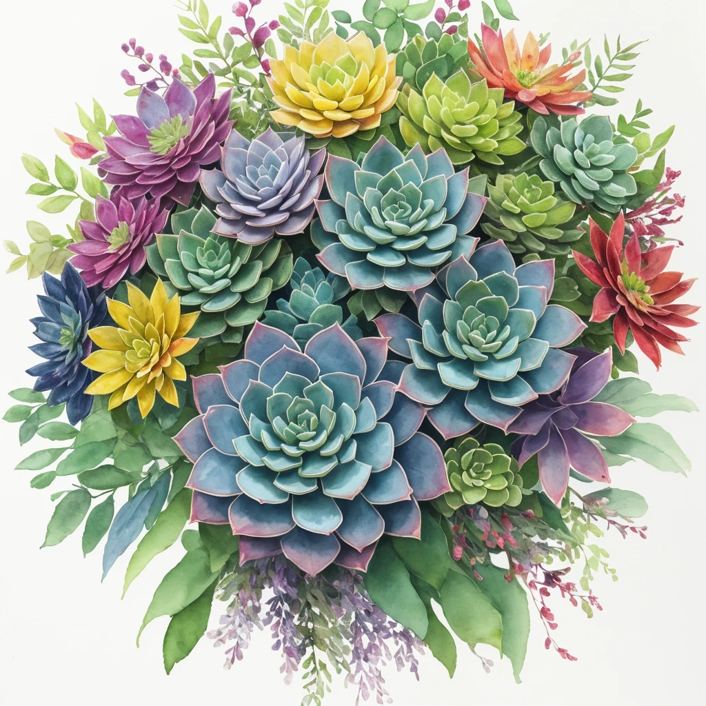 A bouquet of flowers with leaves and blossoms, a watercolor painting of plants, flowers and leaves, botanical art, decorative succulents, plants, some succulent plants, botanical art, directed by Martina Krupkova, inspired by Martina Krupkova, watercolor illustration, watercolor style, 256 x 256 resolution
# Generated Stable Diffusion Prompt
"(best quality,4k,8k,highres,masterpiece:1.2),ultra-detailed,(realistic,photorealistic,photo-realistic:1.37),portrait,landscape,horror,anime,sci-fi,photography,concept artists,colorful,light and shadow,watercolor effect,soft brush strokes,nature theme,summer vibes,floral arrangement,artistic expression,professional,decorative elements,bright hues,fine details,saturated colors,subtle gradients,impressionistic style,delicate texture,harmonious composition"