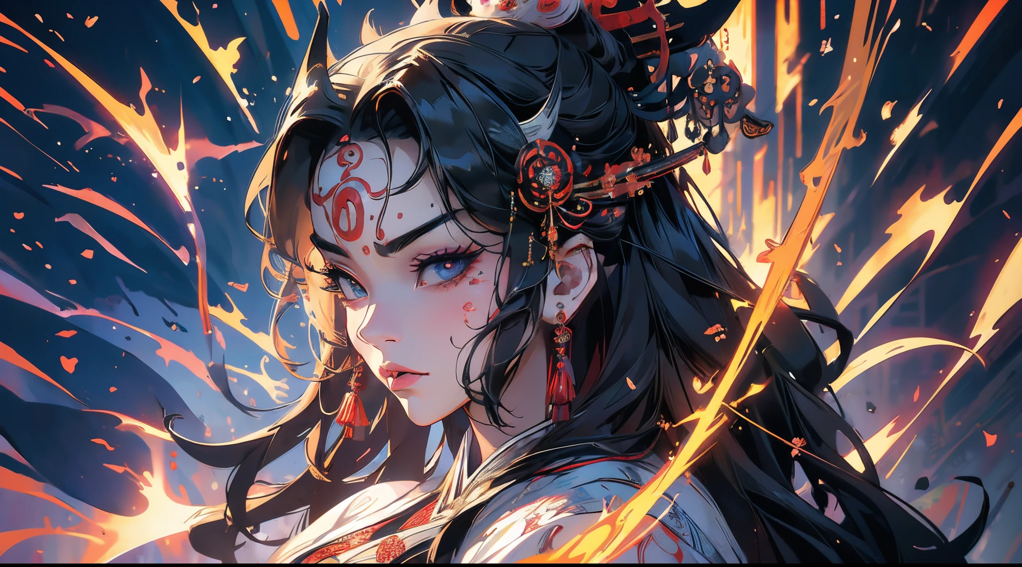 best quality,ultra-detailed,realistic,female samurai,oni mask,beautiful detailed eyes,one blind eye, beautiful detailed lips,detailed face,longeyelashes,detailed armor,dynamic pose,in a bamboo forest,foggy atmosphere,vivid colors,sharp focus,physically-based rendering,action-packed,vibrant art style,traditional japanese katana,warrior spirit,strong and confident,contrasting colors,striking composition,dramatic lighting,elegant movement,captivating artistry,emotionally expressive,subtle texture,mysterious aura