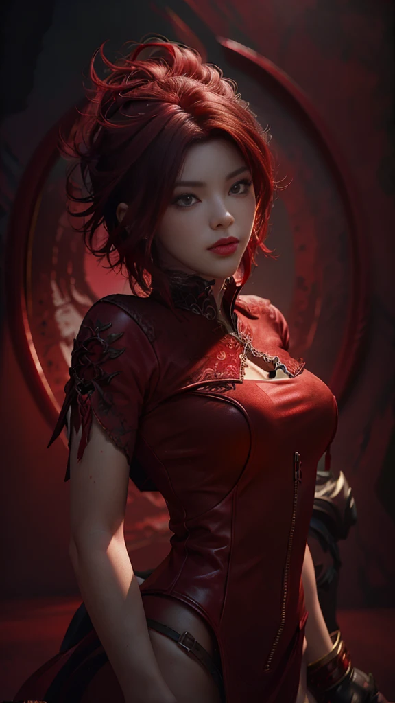 velvet crowe character,red short hair,beautiful,sexy,red,(best quality,4k,highres,masterpiece:1.2),ultra-detailed,(realistic,photorealistic,photo-realistic:1.37),vivid colors,sharp focus,professional,portraits,red velvet attire,gorgeous expression,intense gaze,crimson background,studio lighting
