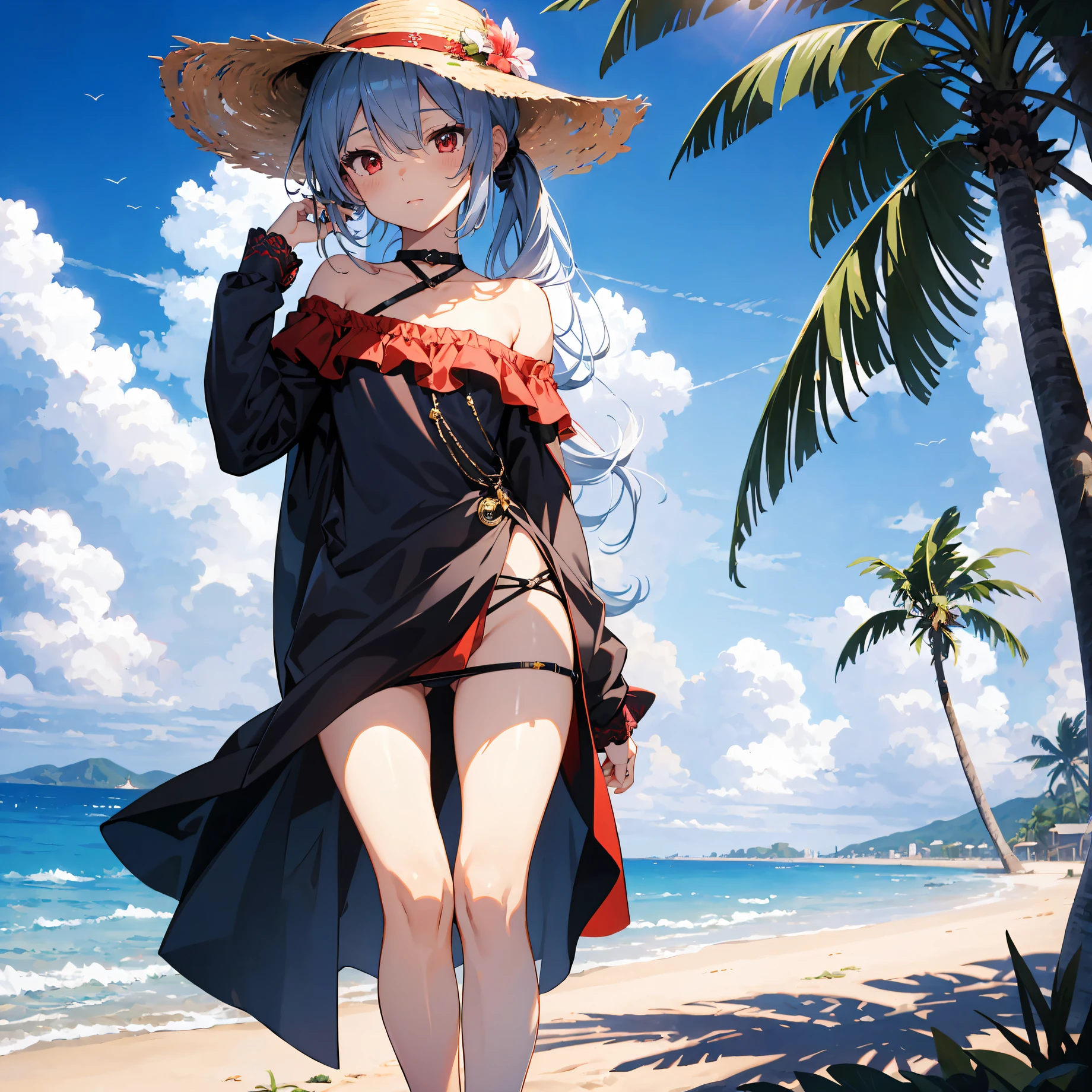 god quality, Extremely detailed, anime moe artstyle,best anime 8k konachan wallpaper,(Please draw A girl in a off shoulder dress walking on the beach. :1.3),break, 1girl, (Solo, babyface, 13-year-old:1.5),(dark tan skin),  Full limbs, complete fingers,long hair, silver hair, androgynous charm,flat chest, Small butt, groin, Small eyes,beatiful detailed red eyes,Ponytail, anklet, sun hat, in the rural beach. break,8K, 超A high resolution, Official art, Illustration,