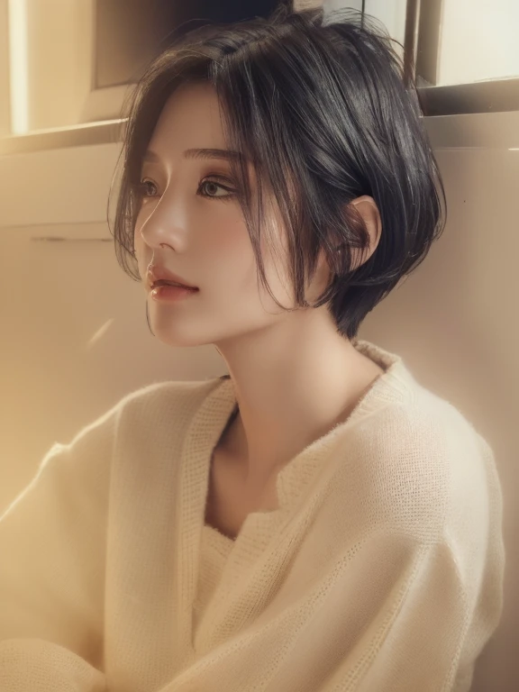 (masterpiece:1.3), (8k, photorealistic, RAW photo, best quality: 1.4), (1girl), beautiful face, (realistic face), (black hair, short hair:1.3), beautiful hairstyle, realistic eyes, beautiful detailed eyes, (realistic skin), beautiful skin, (sweater), absurdres, attractive, ultra high res, ultra realistic, highly detailed, golden ratio