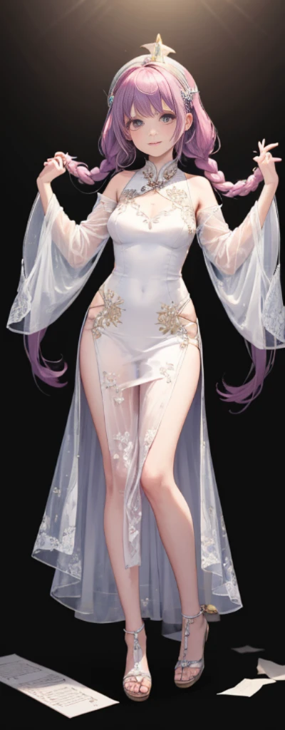 (masterpiece), (best quality), ((same girl posing in 2 different poses)),(perfect face), long white hair, purple eyes, wearing a transparent white dress, medium boobs, sexy pose, slim body, (transparent background), (touching the ass), (charming), (full body pose), (rpg character design art), nipples hard under clothes