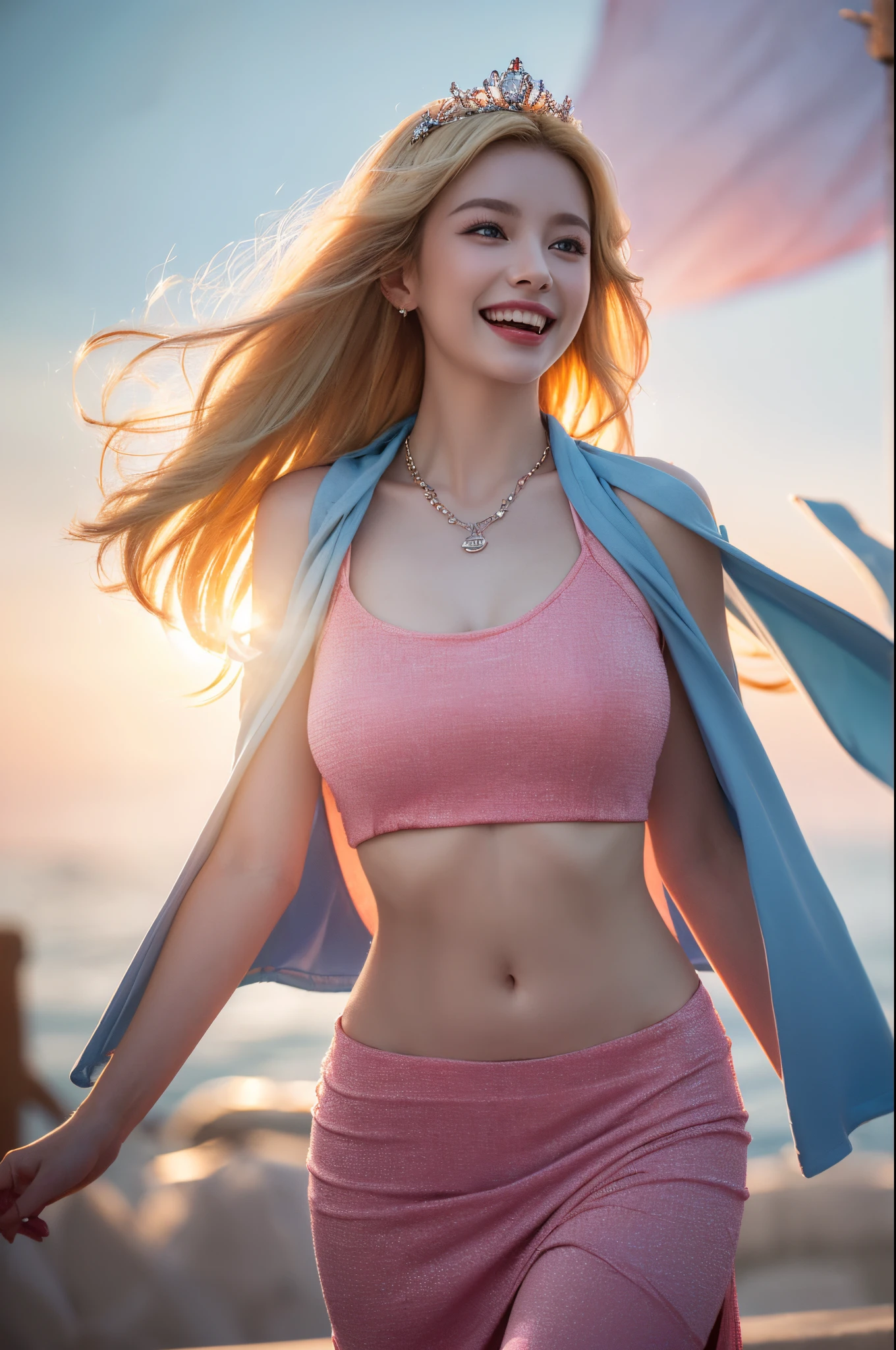 Young goddess, (Her clothes are all flipping up by extremely strong wind:1.5), (wearing robe, tiara, necklace, (blonde | pink | red) hair, blue eyes), (background random great nature), (laughing, big smiling), { (bounced lighting:1.6), (rembrandt lighting:0), surrealism, (god ray:1.3) }, ((masterpiece, 8K highest resolution)), wide view, { (seen from back:0.8), (reveal pelvis:1) }
