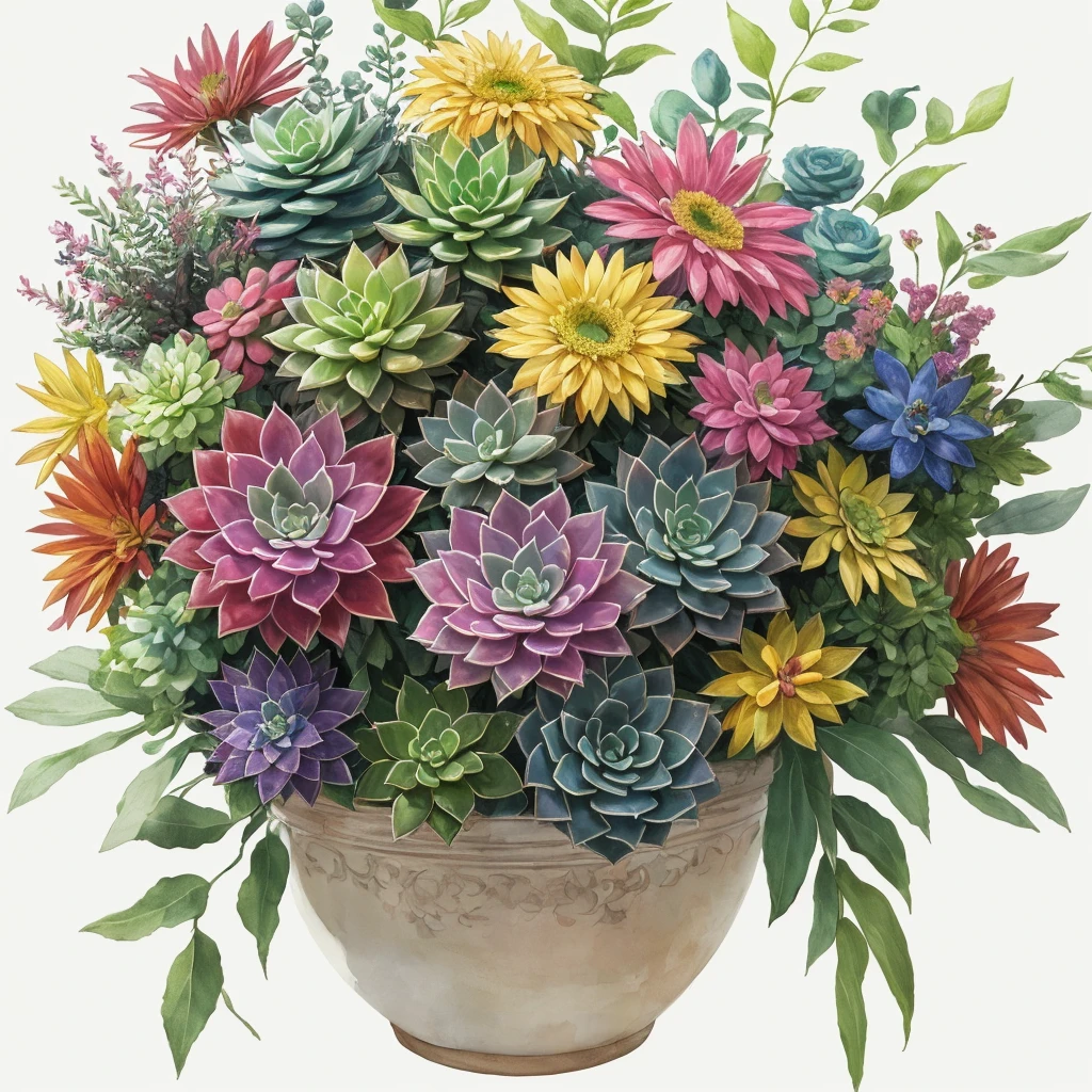 A bouquet of flowers with leaves and flowers, Flowers and leaves, botanical art, decorative succulents, a plant, some succulents, botanical art, Director Martina Krupkova, Inspired by Martina Krupkova, the watercolor style, 256 x 256 resolution
# Generate stable diffusion tips
"(Best quality at best,4K,8K,A high resolution,tmasterpiece:1.2),ultra - detailed,(actual,realisticlying,Photorealistic:1.37),sportrait,The landscape,terror,Japanese cartoon,sci-fy,photography of,Concept artist,Colorful,light and shadows,Watercolor effect,Soft brushstrokes,Nature theme,Summer vibe,floral arrangements,Artistic expression,professional,Decorative elements,Bright shades,finely detailled,Saturated color,Subtle gradients,Impressionistic style,fine texture,Harmonious composition"