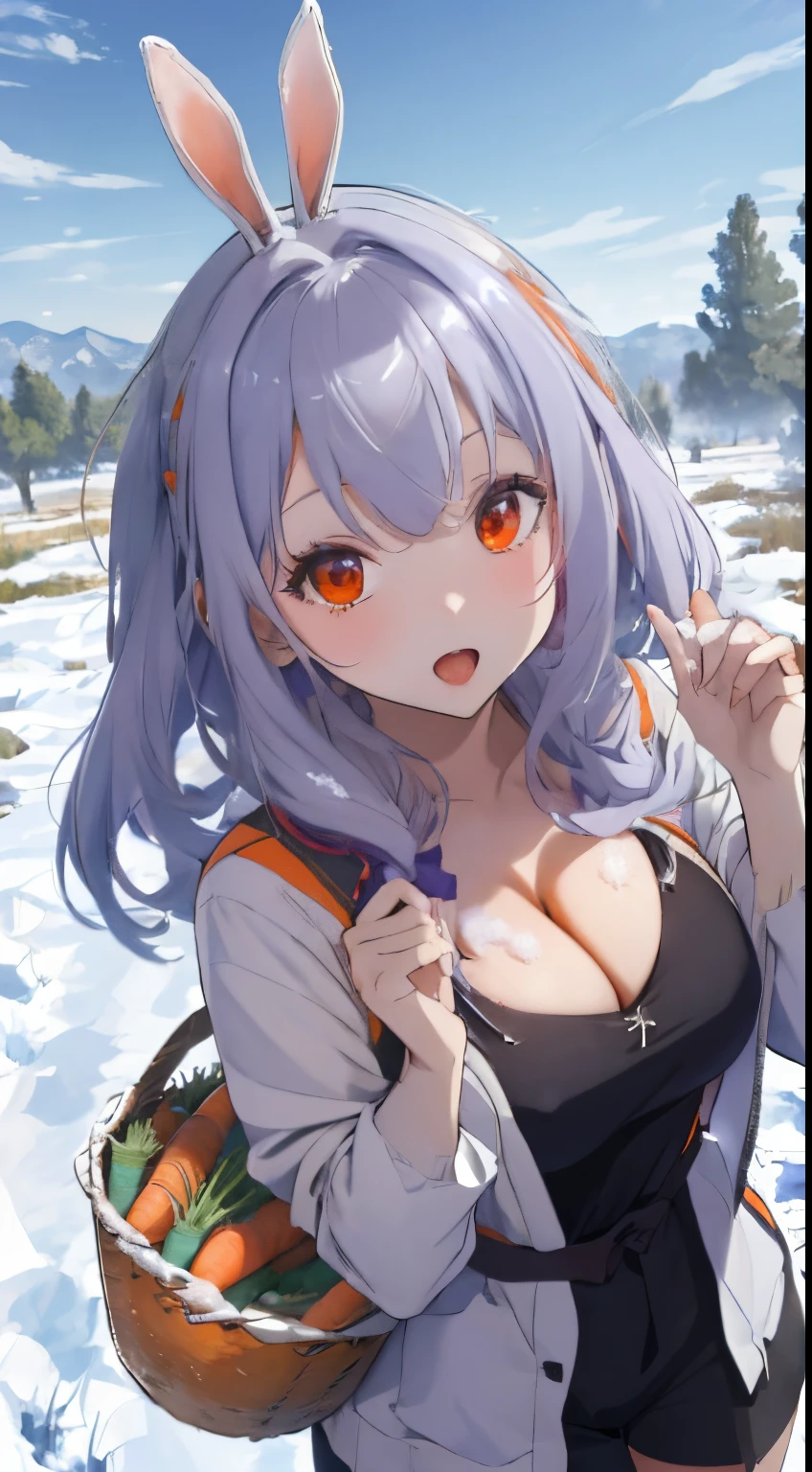 vast ranch area,A field of carrots that stretches into the distance,Green grass々Grassy meadow,many orange carrots in a big basket,There are also a lot of orange carrots lying around..,field covered with snow,carrots jump out of the snow,fluffy winter clothes,Enjoy carrots with both hands.,Heart Dance,Costumes with a wide open chest,You can see her cleavage through the gap in her clothes,fluffy voluminous hair,Luxurious hair like a princess,hair mixed with silver, Light purple, and light blue,Slight red tide,AHE Face,ecstacy,Kamimei,Pose with carrots in both hands