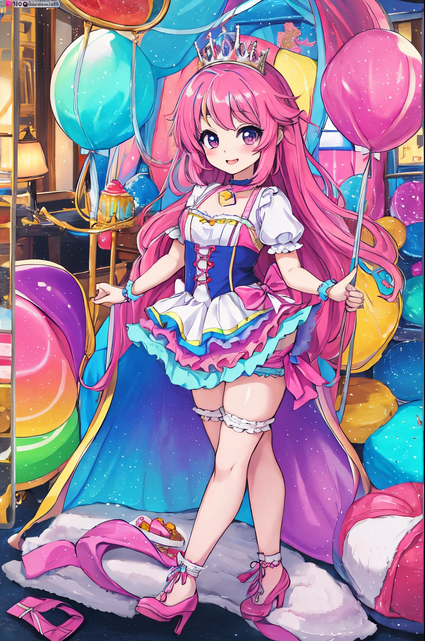 cute (chibi) princess in rainbow candy shop, highly detailed high contrast hd masterpiece of best quality in high resolution