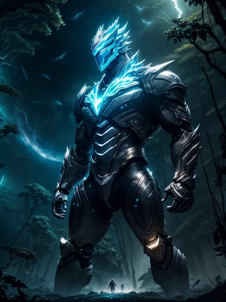 ((tmasterpiece,best qualtiy)),Beautiful 8K Ultra HD professional photos, Sharp focus, In a stunning fantasy world, large silver-haired man, stunning pose, large revealing biotech robot structure, full body image, fighting godzilla, Interstellar, jungle surrounded by fireflies,ssee-through,depth of fields,Magnificent jungle image scene,
