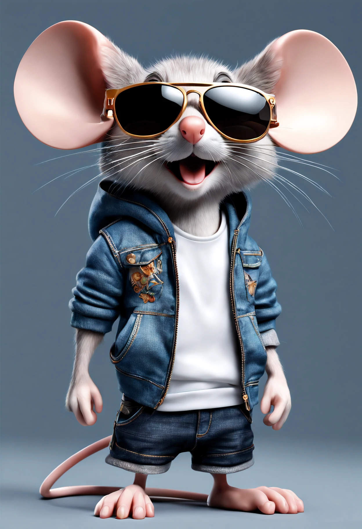 (top-quality,8K,32K,masterpiece,UHD:1.3),ultra high res,(Photorealsitic:1.4)),intricate details, Craft a perfect 3D animation style image featuring a stylish mouse. Picture the mouse wearing a tank top, jacket hoodie, denim pants, cool sunglasses, and footwear. Capture the attitude of this stylish character, with its hands casually tucked inside pant pockets. Encourage artists to bring the perfect blend of style and animation to life in a visually striking composition that showcases the character's cool and fashionable persona.