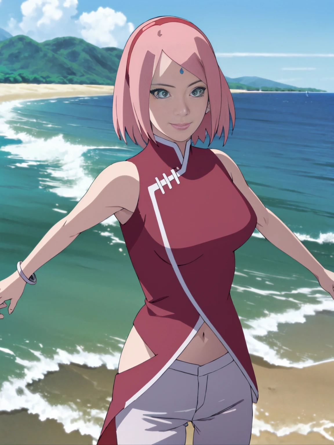 masterpiece, 1k, portrait, face shot, professional artwork, detailed beach background, intricate details, colorful, digital blending, (ultra detailed body, ultra detail hair, ultra detail face), trending on pixiv, kind smile, very hot color, best quality, anime style: 1.9, 1girl, hires, haruno sakura, contrasty lighting, (forehead mark, milf, red hairband, pale skin, short hair, ((red sleeveless dress), white pants), (navel), groin, bracelet, looking at viewer, crossed arms, pink hair, green eyes, smile, beach, wind, floating hair, detailed arms, off-shoulders, slightly muscular arms, standing), sunnyday